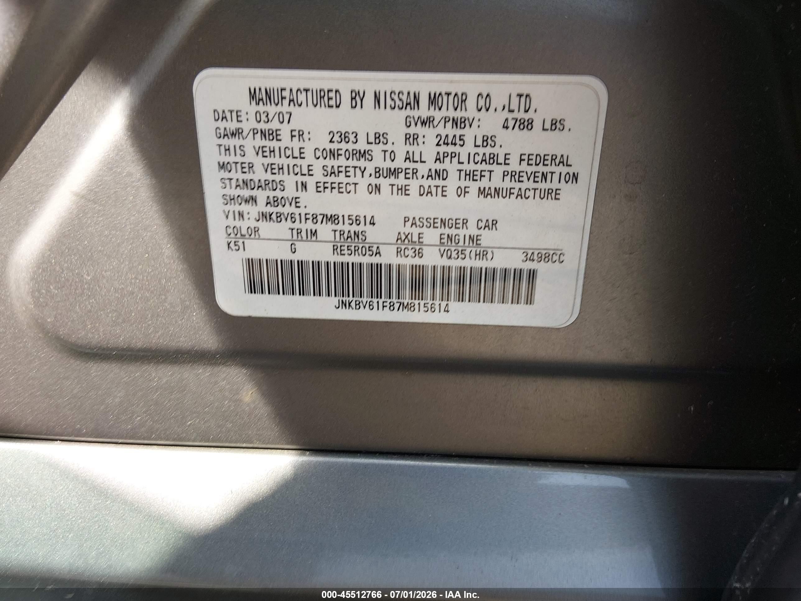 2007 Infiniti G35x   Gray vin: JNKBV61F87M815614