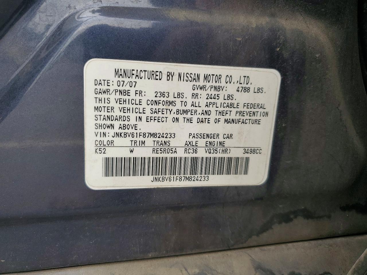 2007 Infiniti G35 X Charcoal vin: JNKBV61F87M824233