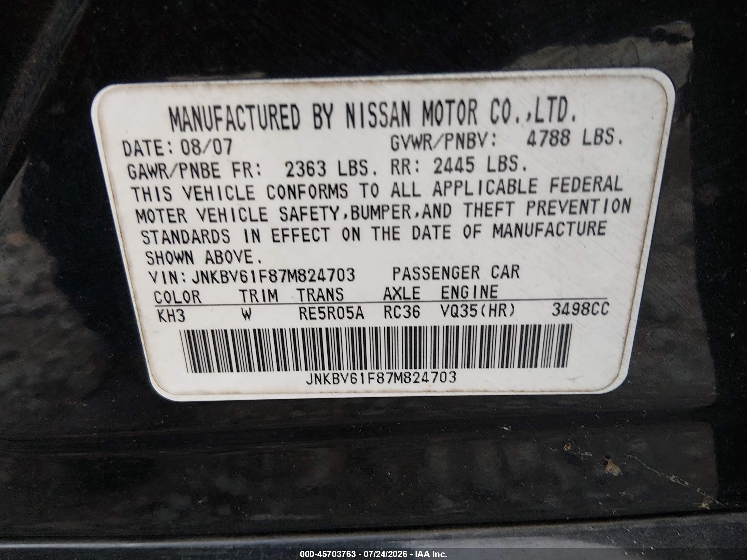 2007 Infiniti G35x   Black vin: JNKBV61F87M824703