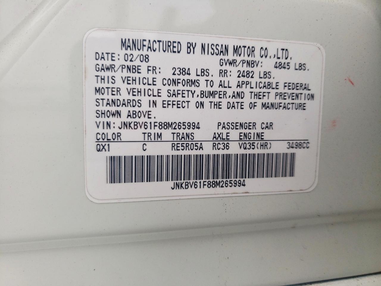 2008 Infiniti G35 X White vin: JNKBV61F88M265994