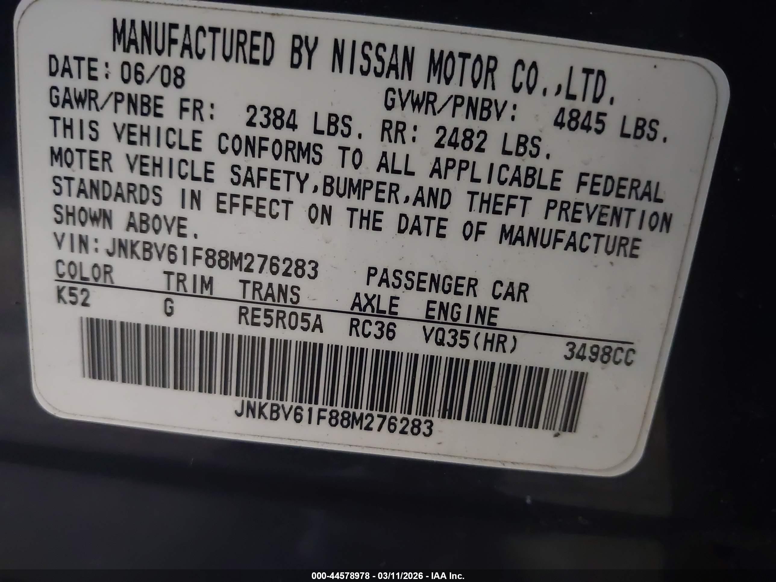 2008 Infiniti G35x   Blue vin: JNKBV61F88M276283