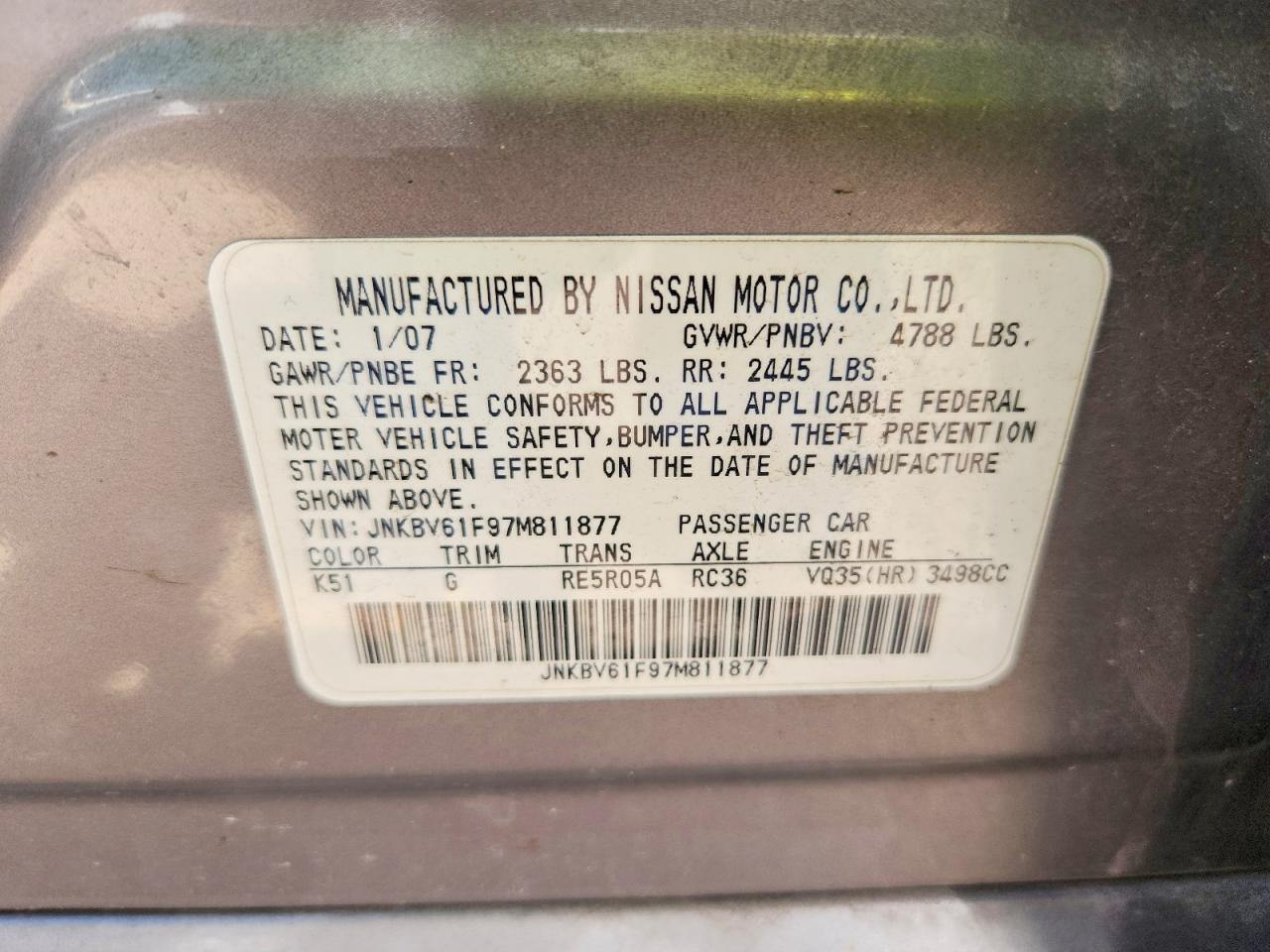 2007 Infiniti G35 Gray vin: JNKBV61F97M811877