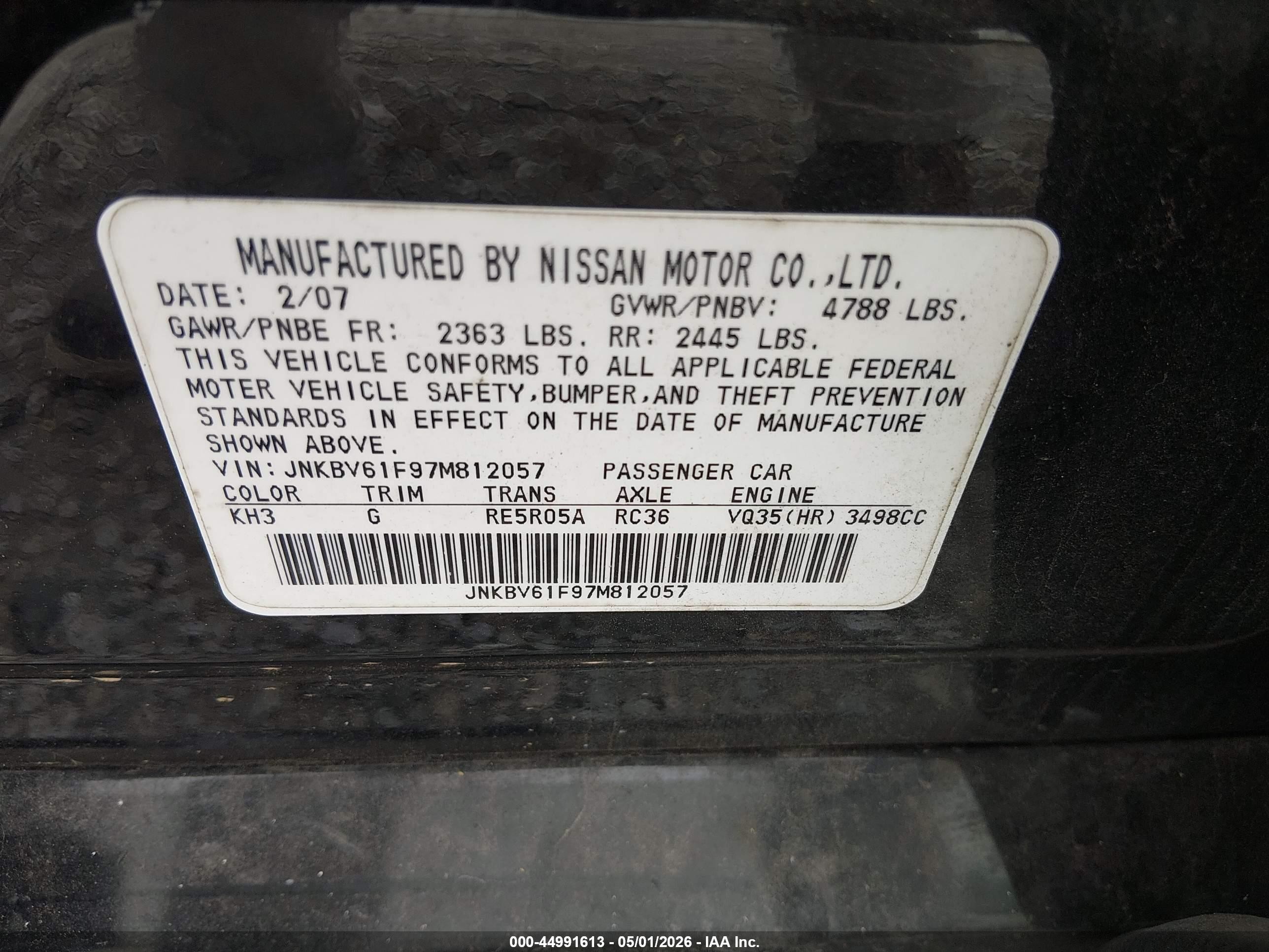 2007 Infiniti G35x   Black vin: JNKBV61F97M812057
