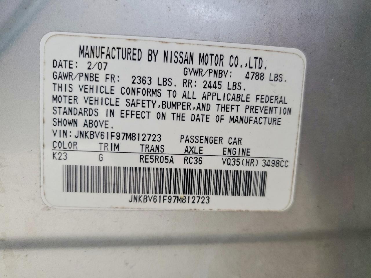 2007 Infiniti G35 X Silver vin: JNKBV61F97M812723