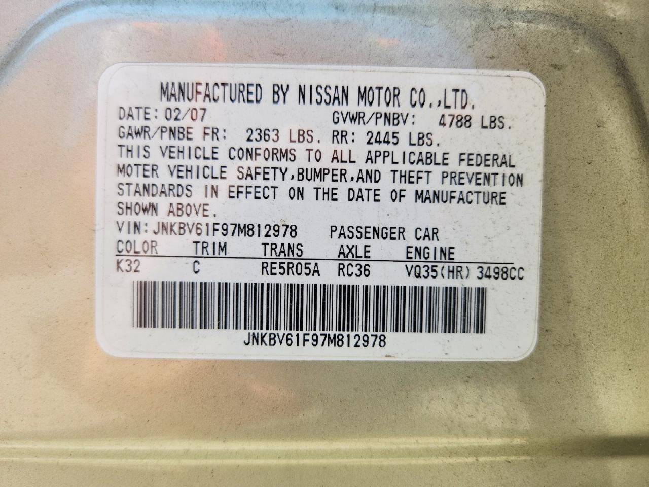 2007 Infiniti G35 X Gold vin: JNKBV61F97M812978