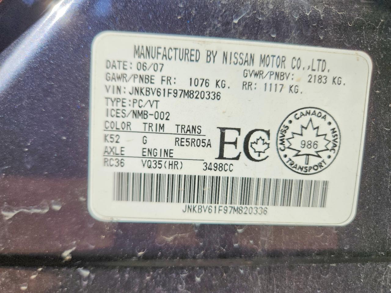 2007 Infiniti G35 X Gray vin: JNKBV61F97M820336
