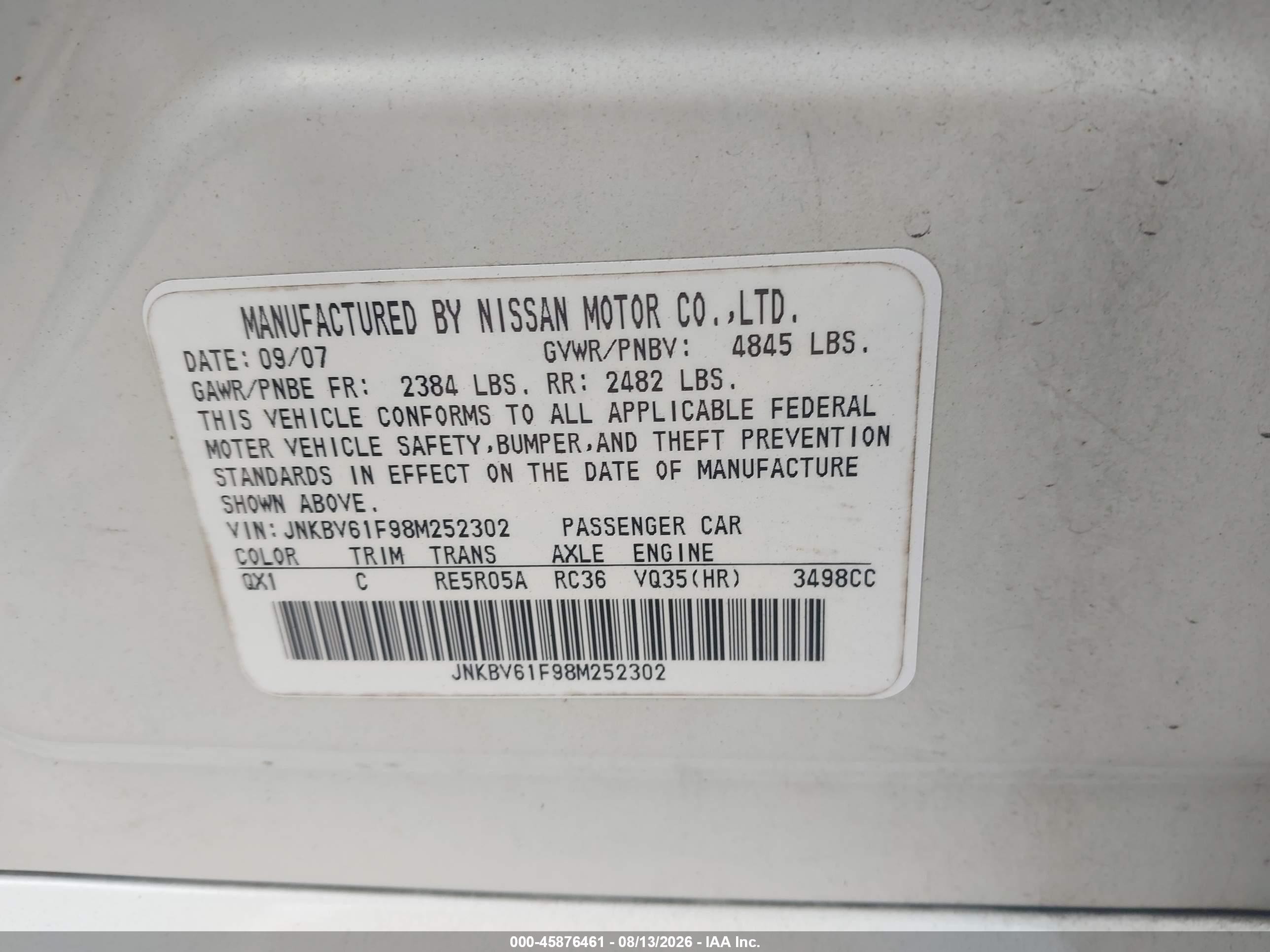 2008 Infiniti G35x   White vin: JNKBV61F98M252302