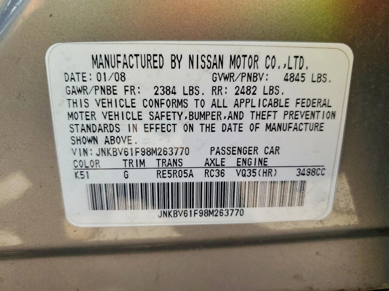 2008 Infiniti G35 X Charcoal vin: JNKBV61F98M263770