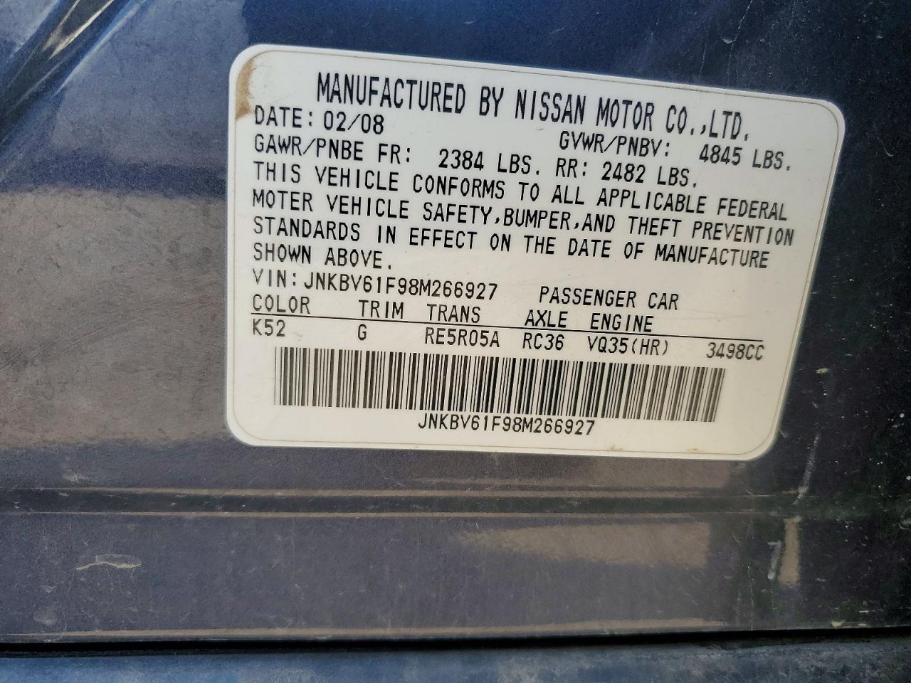 2008 Infiniti G35 X Charcoal vin: JNKBV61F98M266927