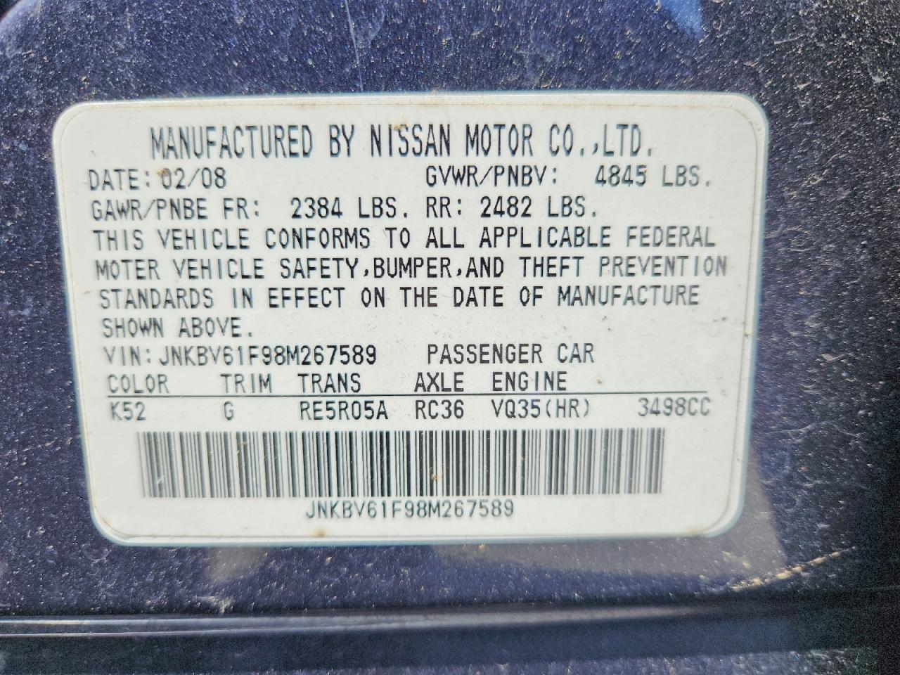 2008 Infiniti G35 X Charcoal vin: JNKBV61F98M267589