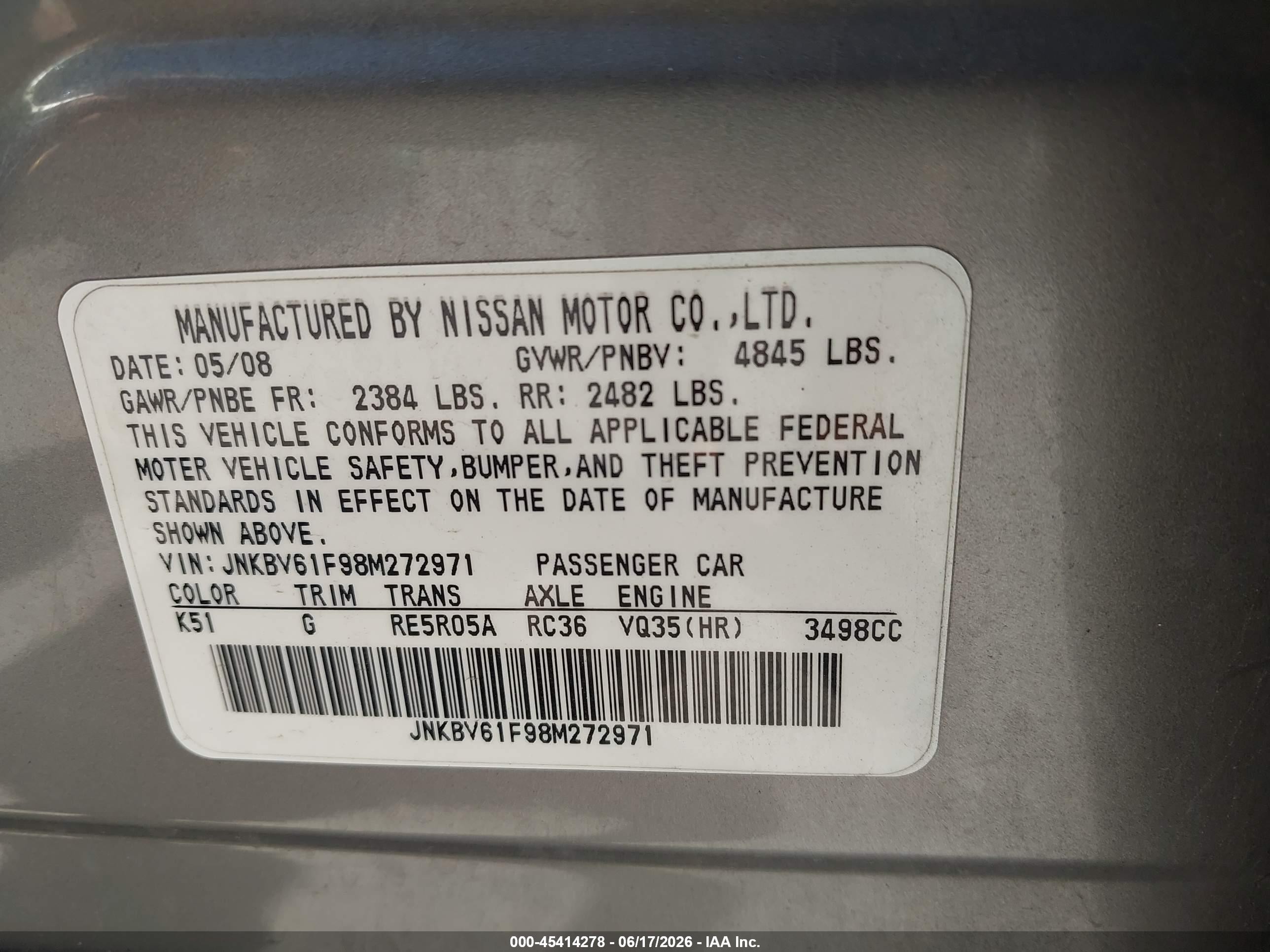 2008 Infiniti G35x   Серый vin: JNKBV61F98M272971