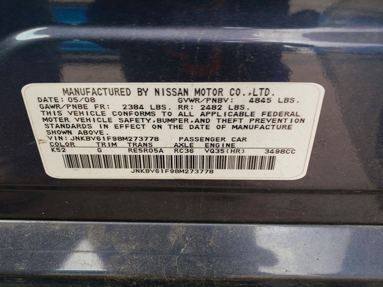 2008 Infiniti G35 X Charcoal vin: JNKBV61F98M273778