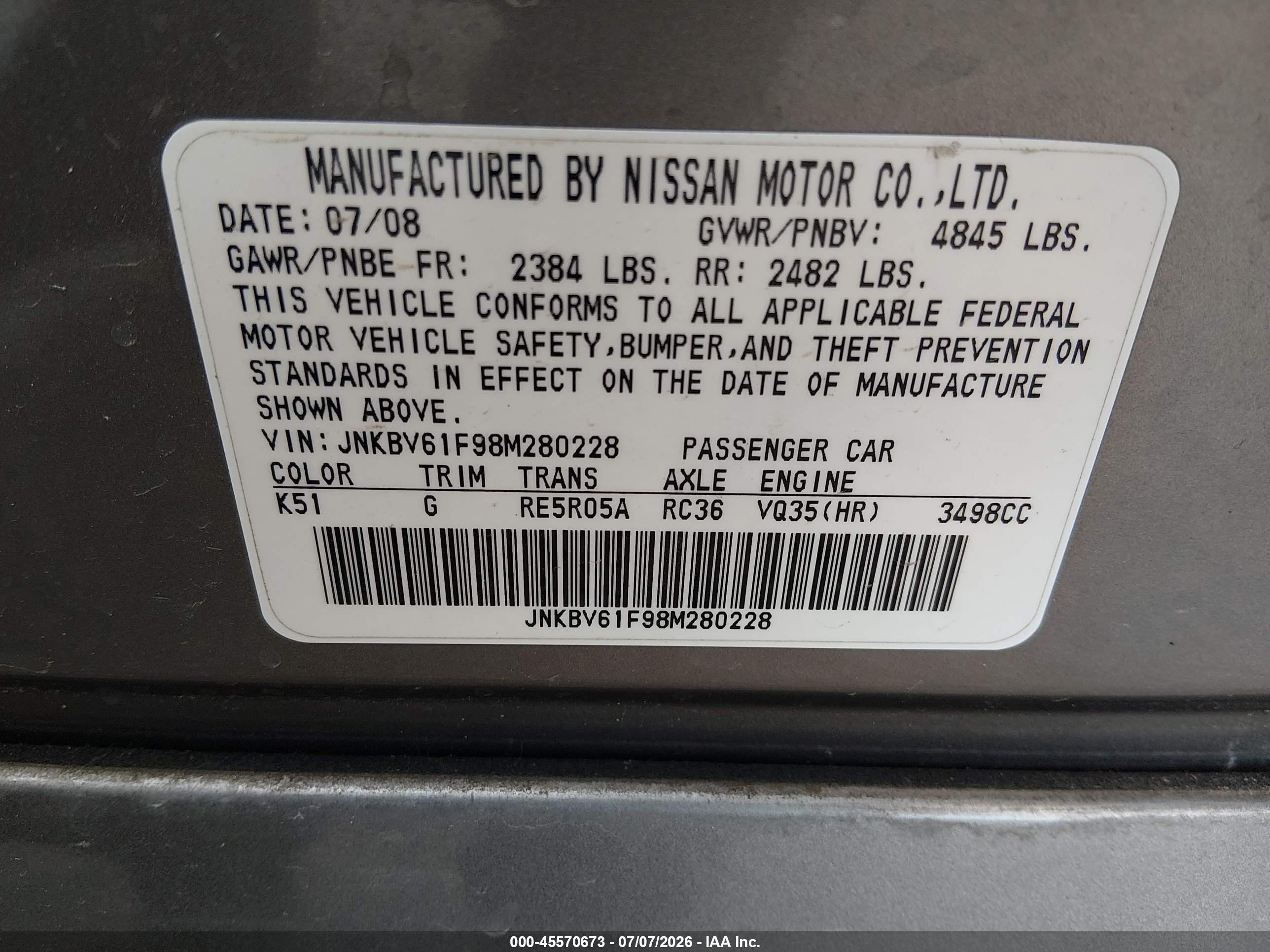 2008 Infiniti G35x   Gray vin: JNKBV61F98M280228
