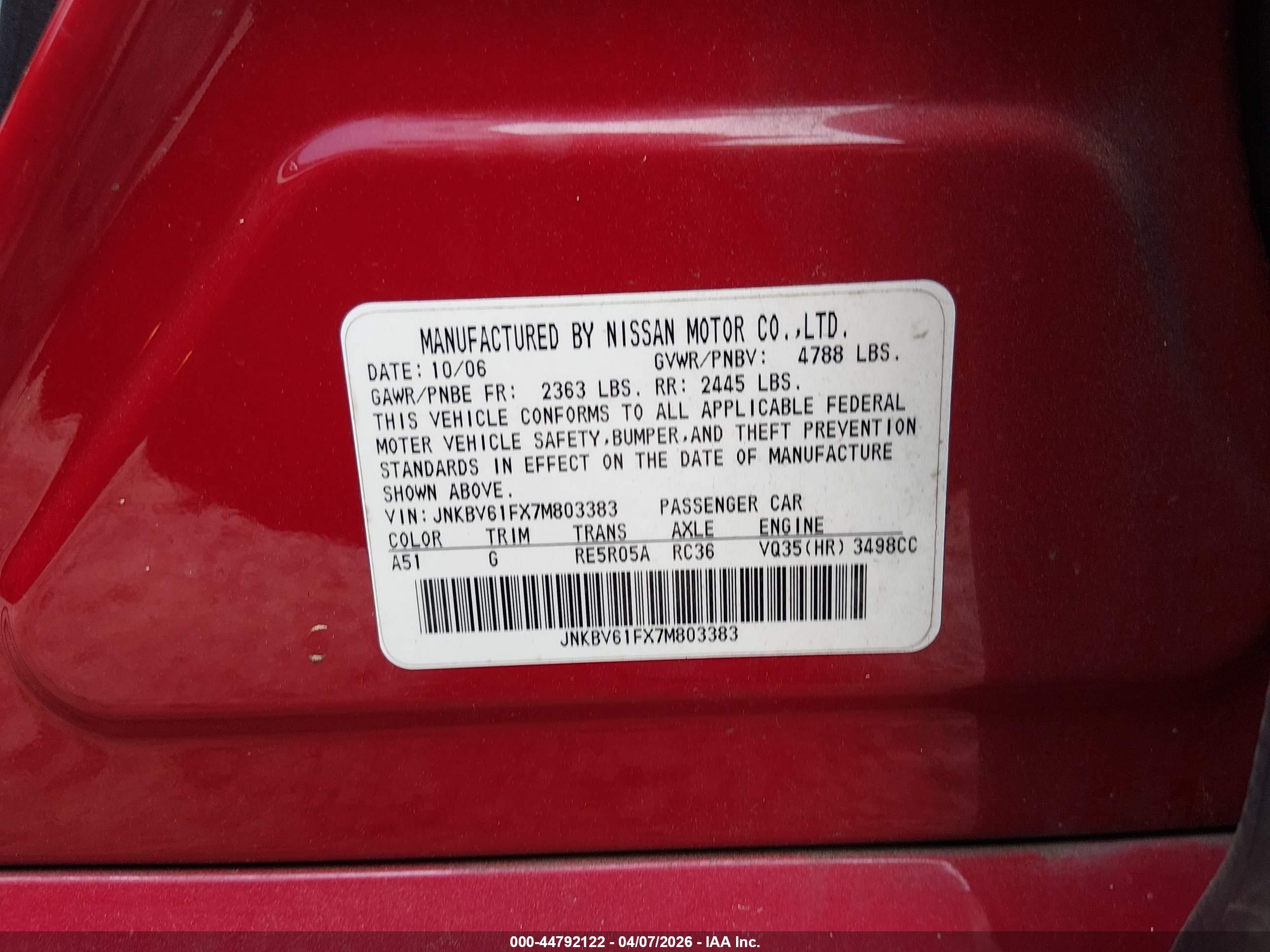 2007 Infiniti G35x   Красный vin: JNKBV61FX7M803383