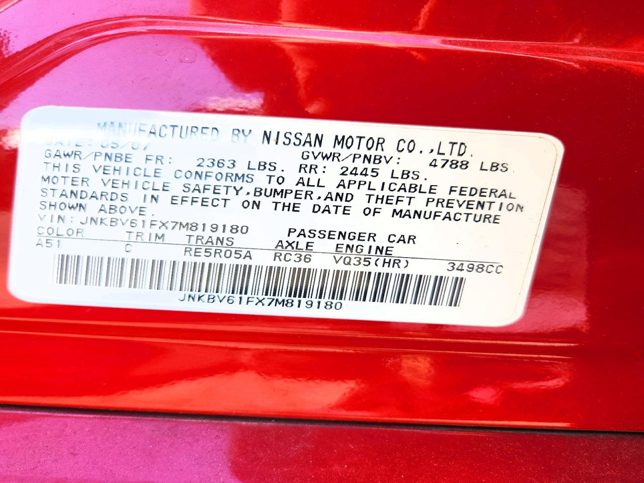 2007 Infiniti G35 X Red vin: JNKBV61FX7M819180