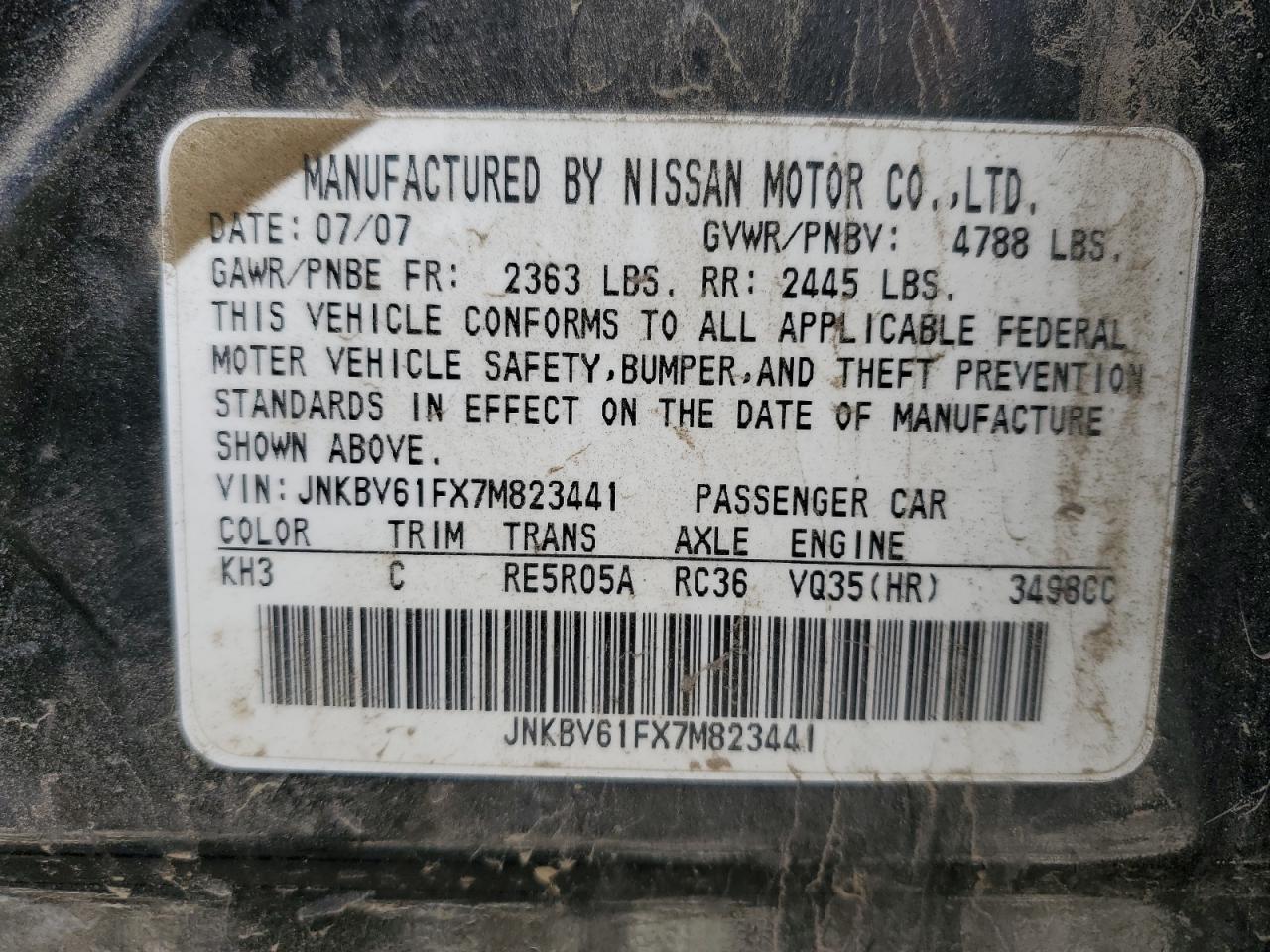 2007 Infiniti G35 Black vin: JNKBV61FX7M823441