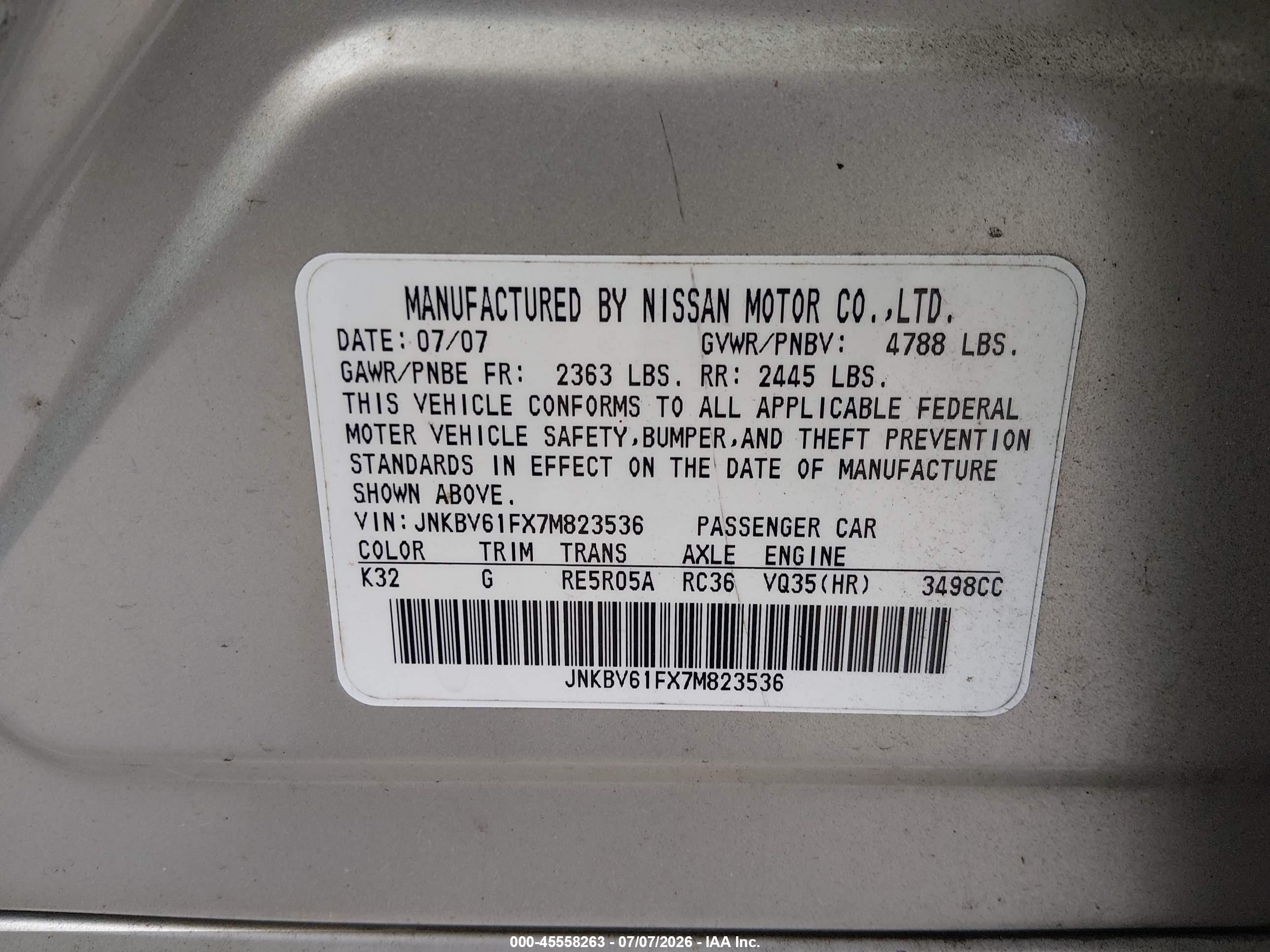 2007 Infiniti G35x   Gold vin: JNKBV61FX7M823536