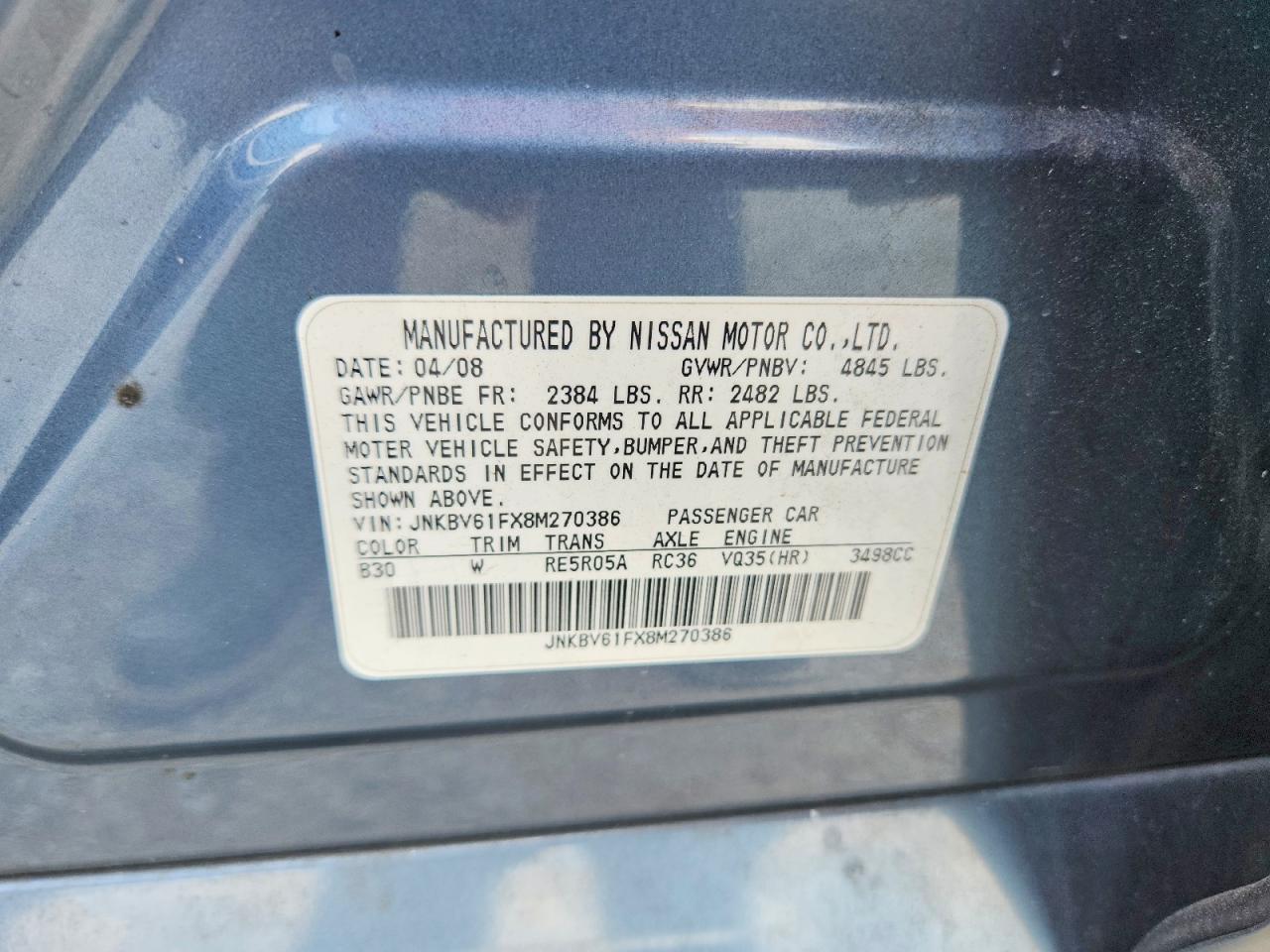 2008 Infiniti G35 Blue vin: JNKBV61FX8M270386