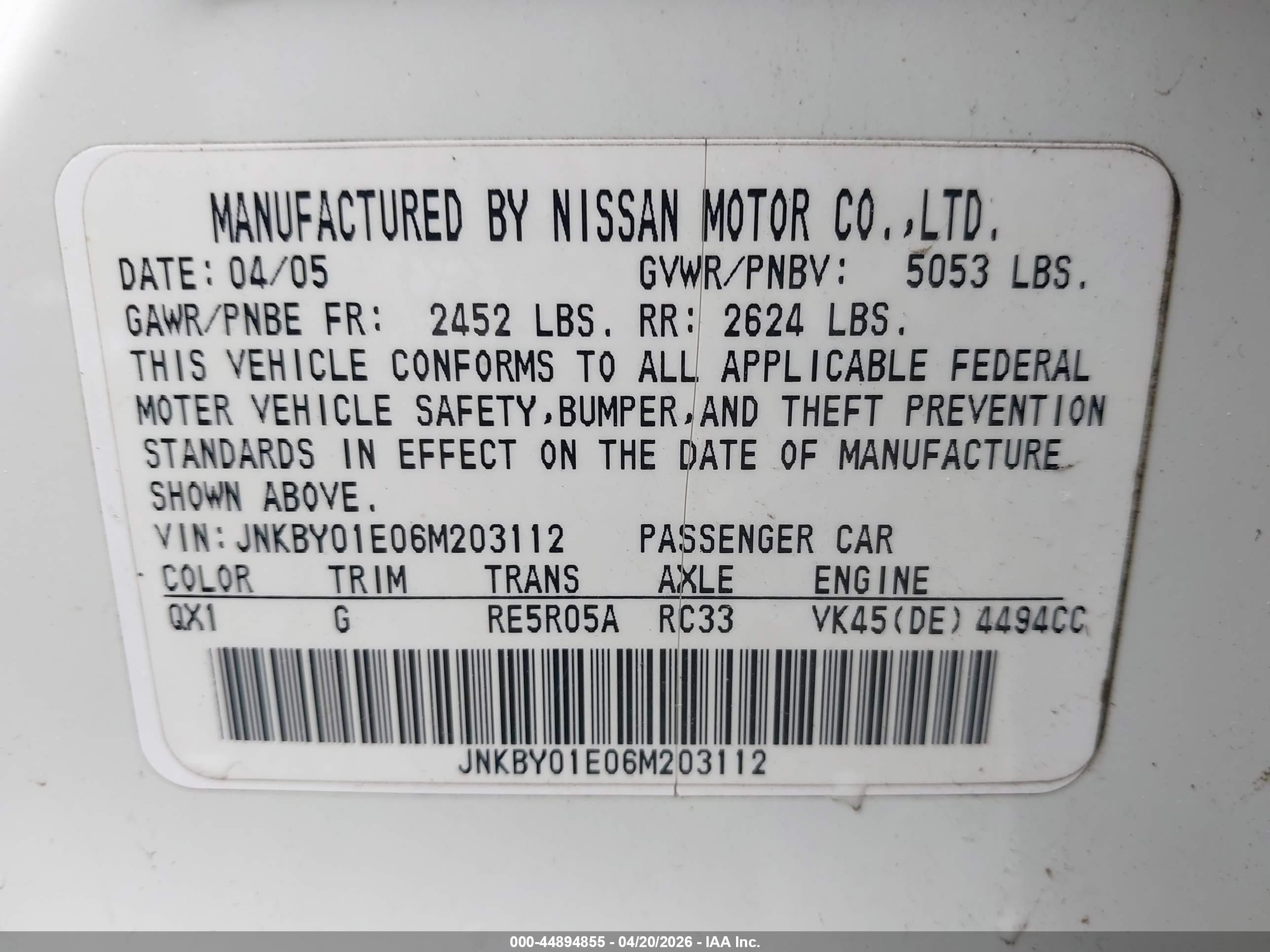 2006 Infiniti M45   White vin: JNKBY01E06M203112