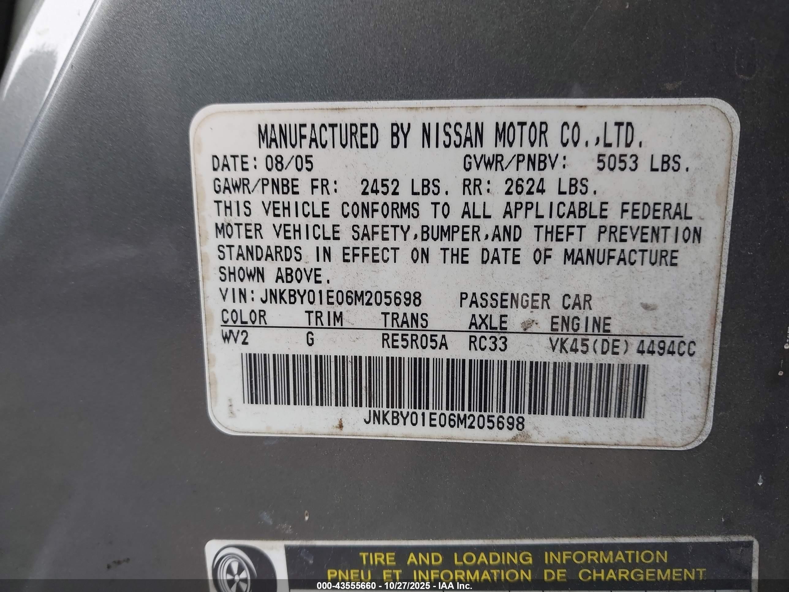 2006 Infiniti M45 Sport Gray vin: JNKBY01E06M205698