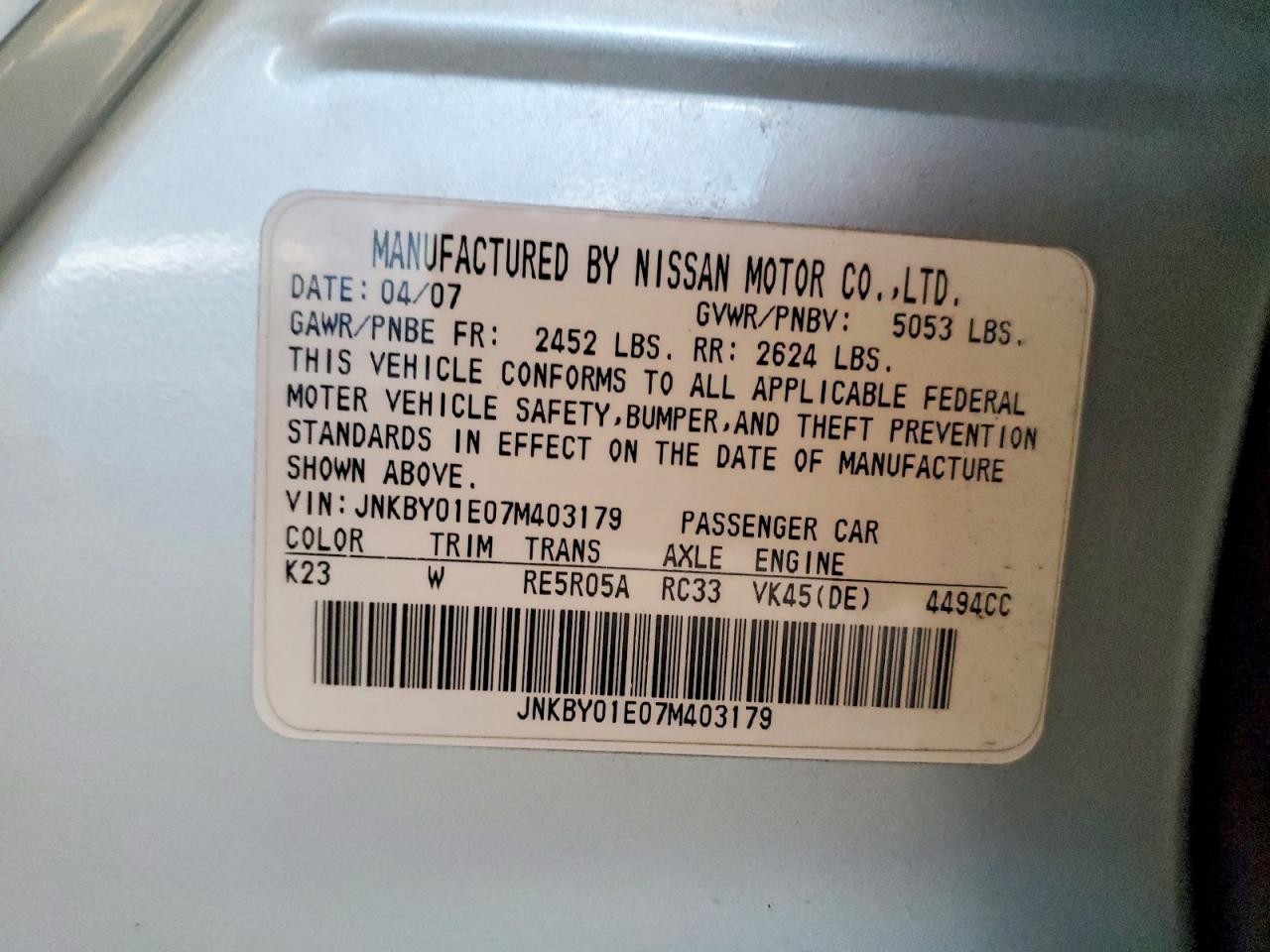 2007 Infiniti M45 Base Silver vin: JNKBY01E07M403179