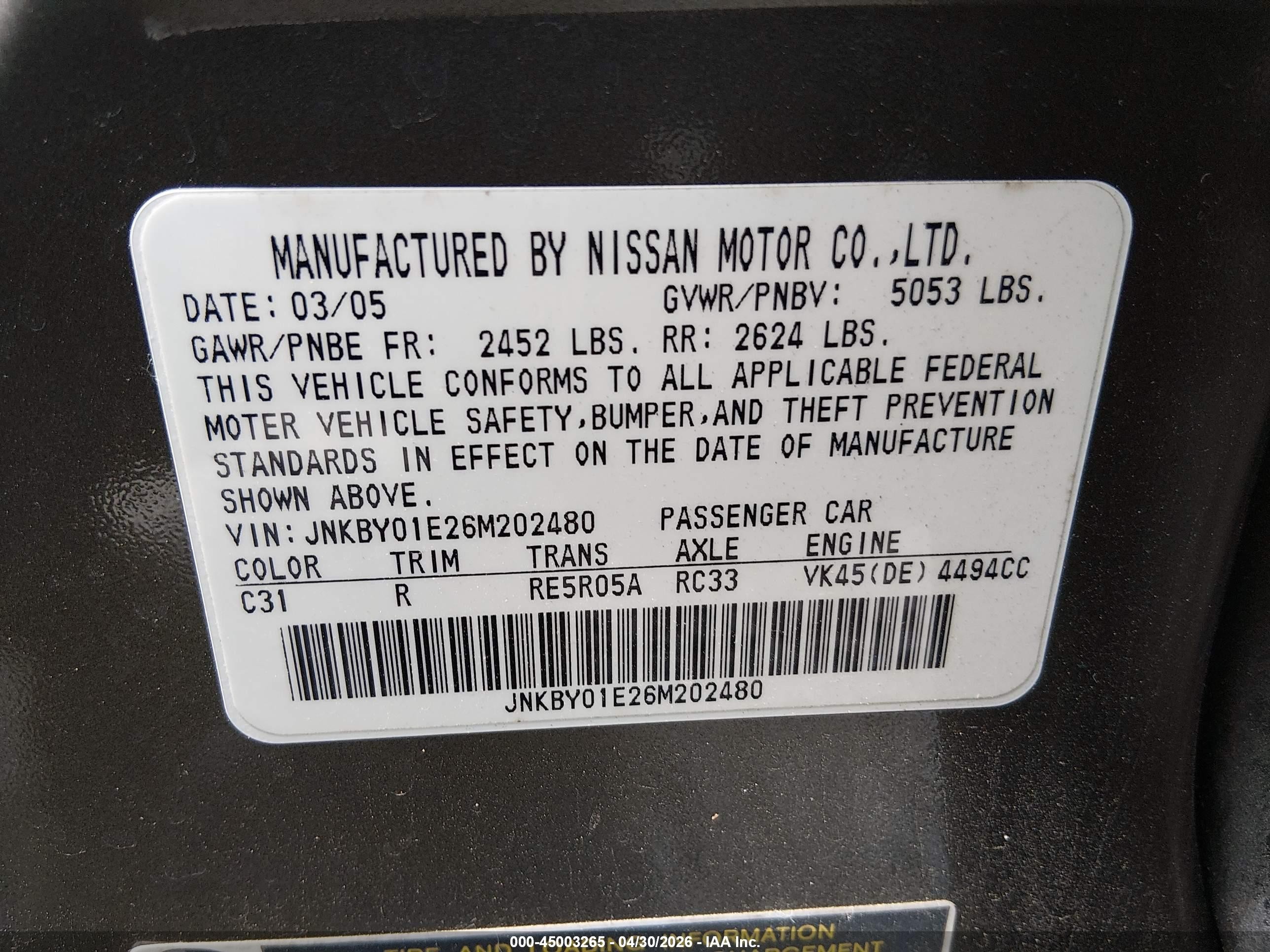 2006 Infiniti M45   Gray vin: JNKBY01E26M202480