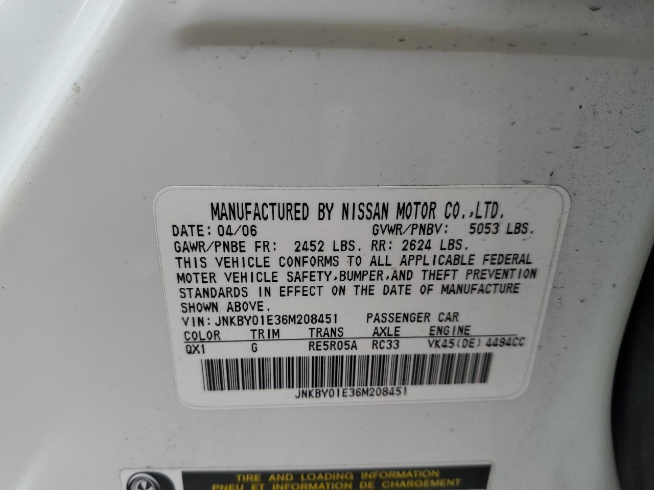 2006 Infiniti M45 Base White vin: JNKBY01E36M208451