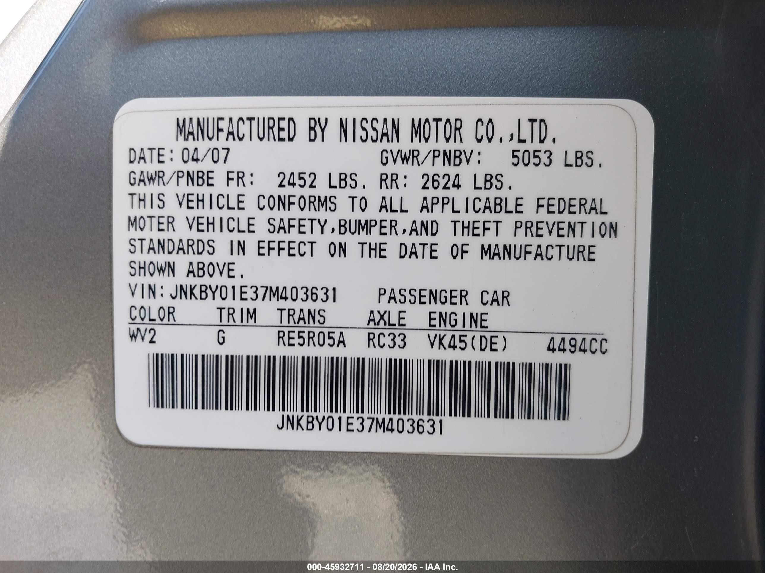 2007 Infiniti M45 Gray vin: JNKBY01E37M403631