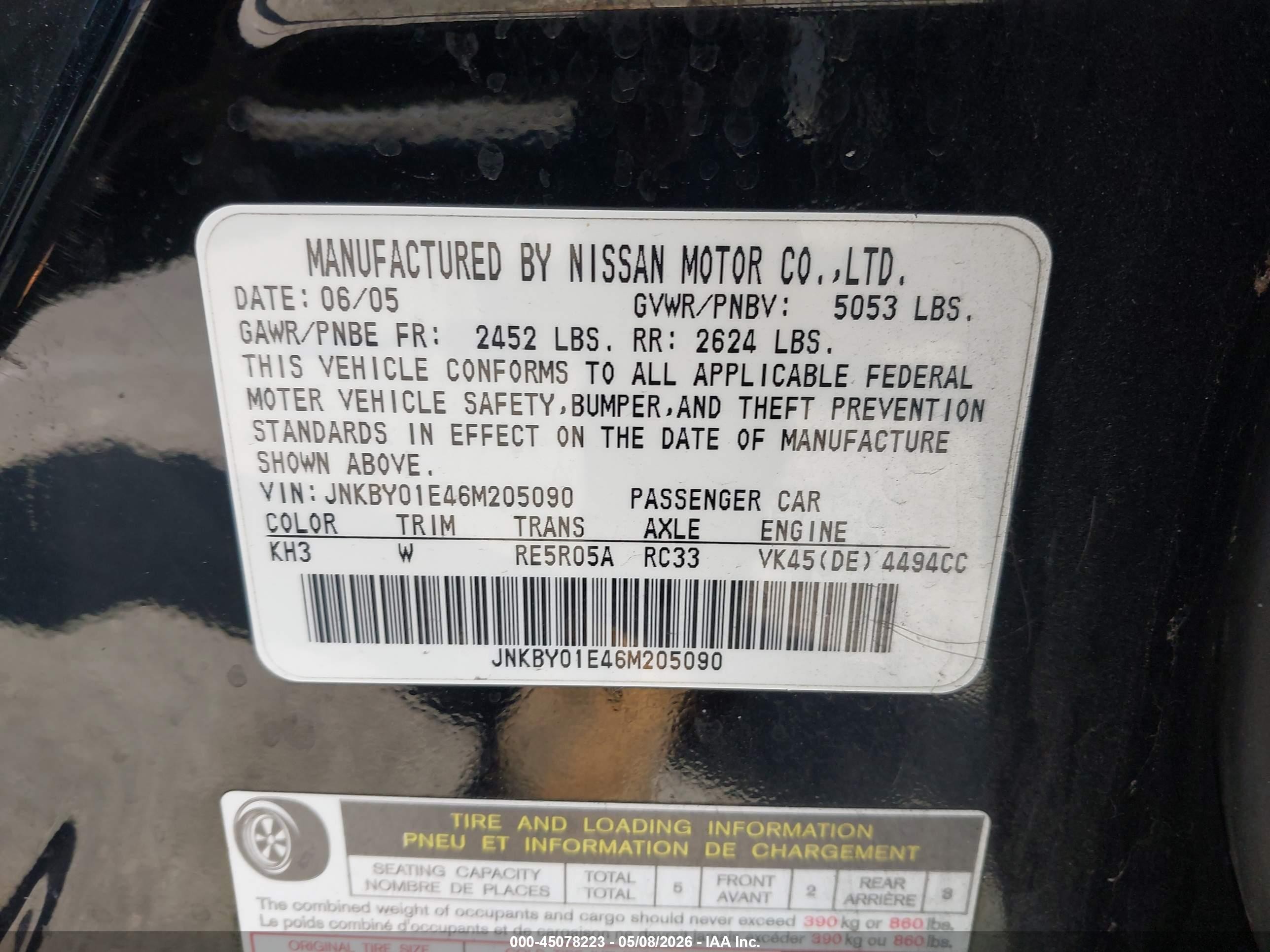 2006 Infiniti M45 Sport Black vin: JNKBY01E46M205090