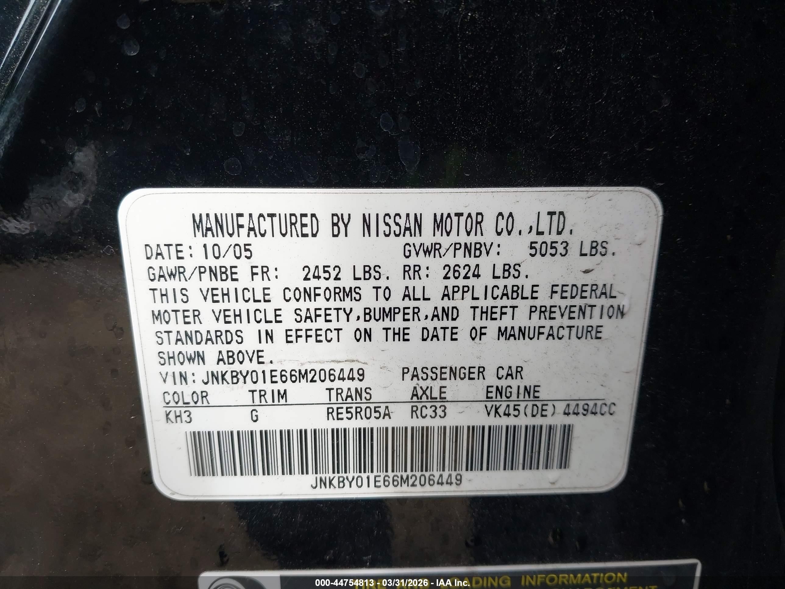 2006 Infiniti M45 Sport Black vin: JNKBY01E66M206449