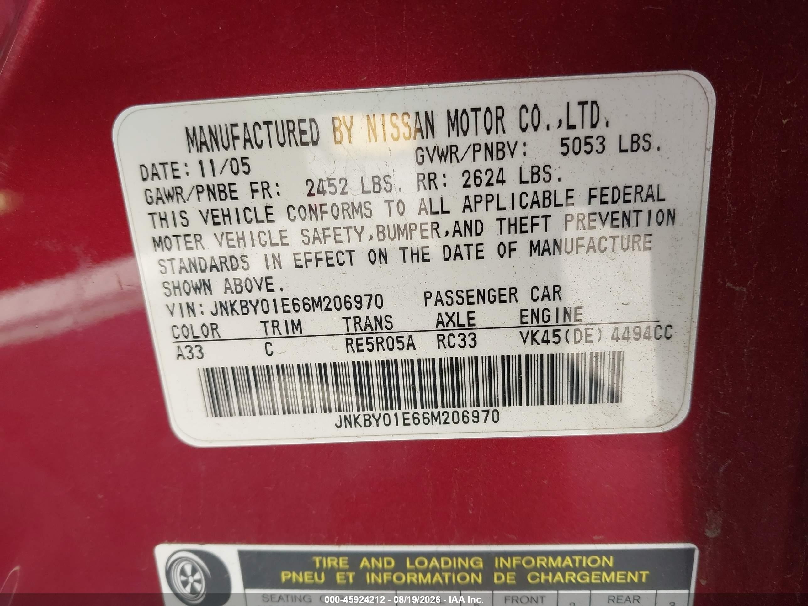 2006 Infiniti M45   Burgundy vin: JNKBY01E66M206970