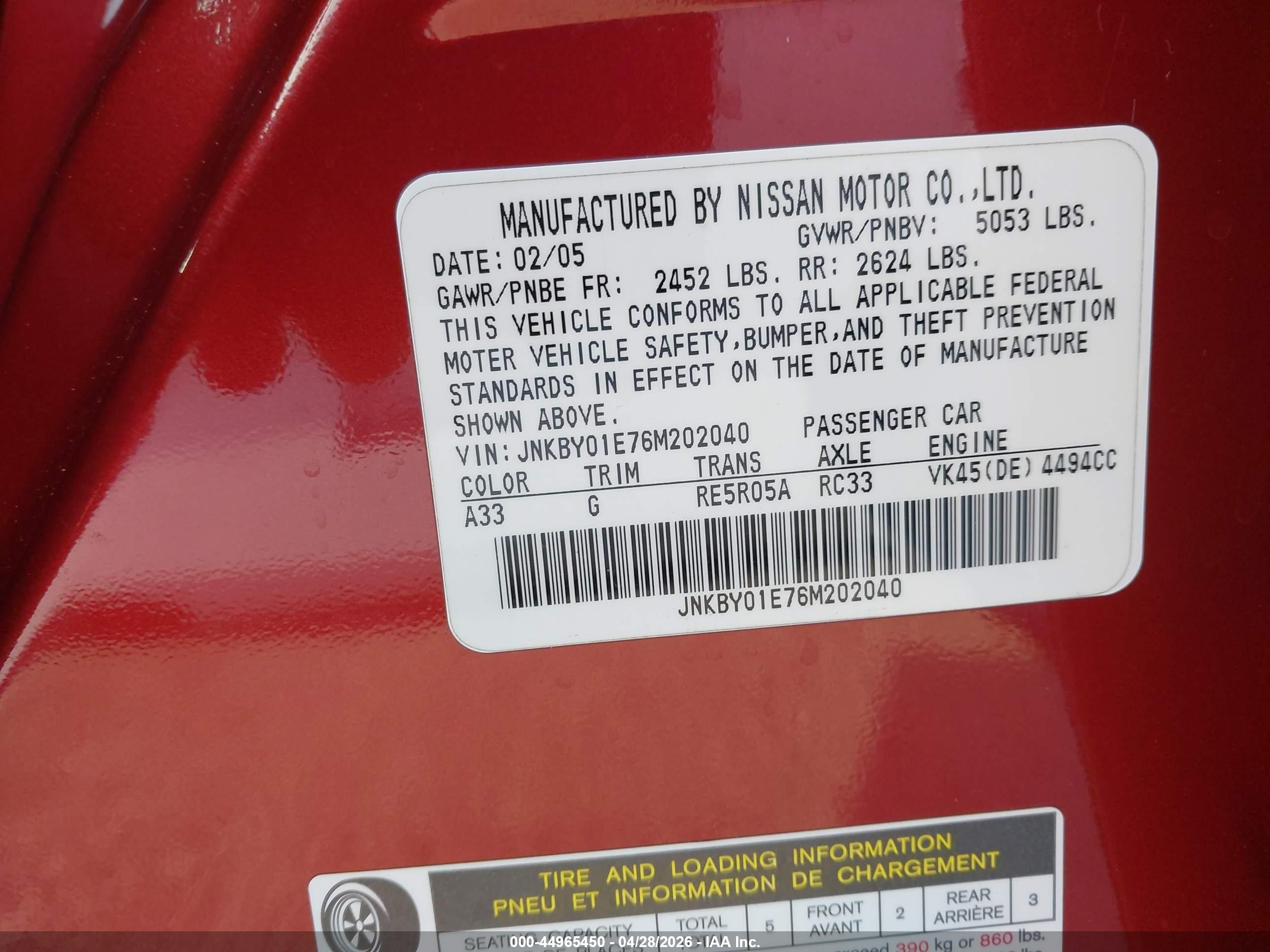 2006 Infiniti M45   Red vin: JNKBY01E76M202040