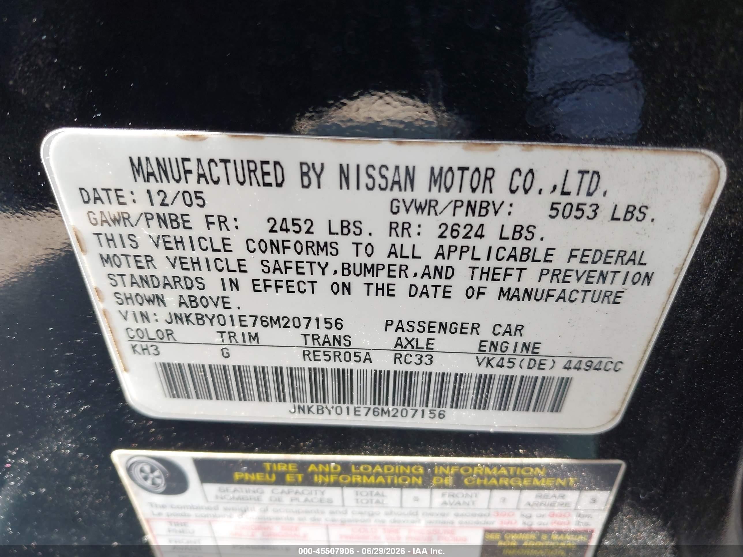 2006 Infiniti M45 Black vin: JNKBY01E76M207156