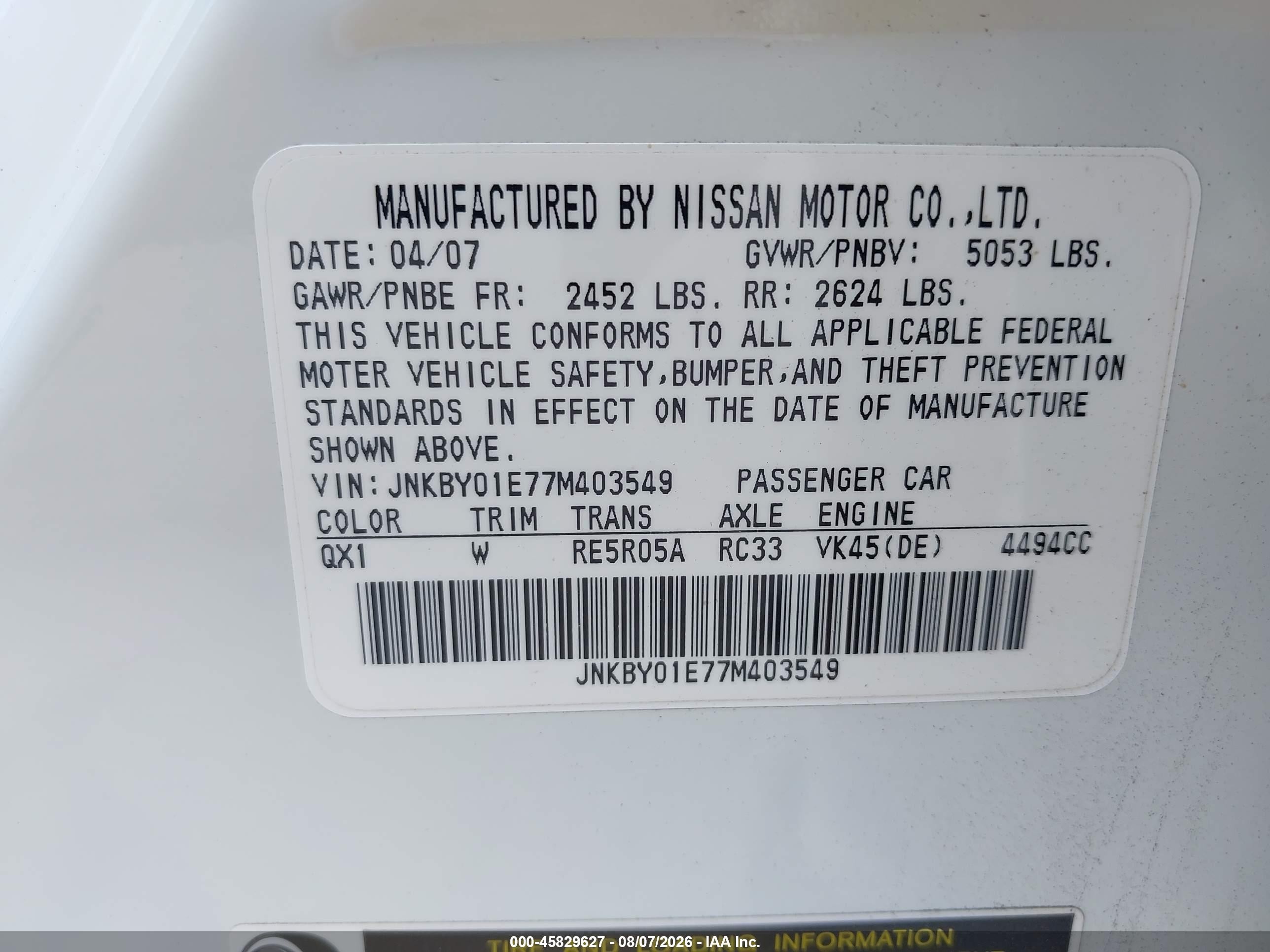 2007 Infiniti M45 Sport White vin: JNKBY01E77M403549
