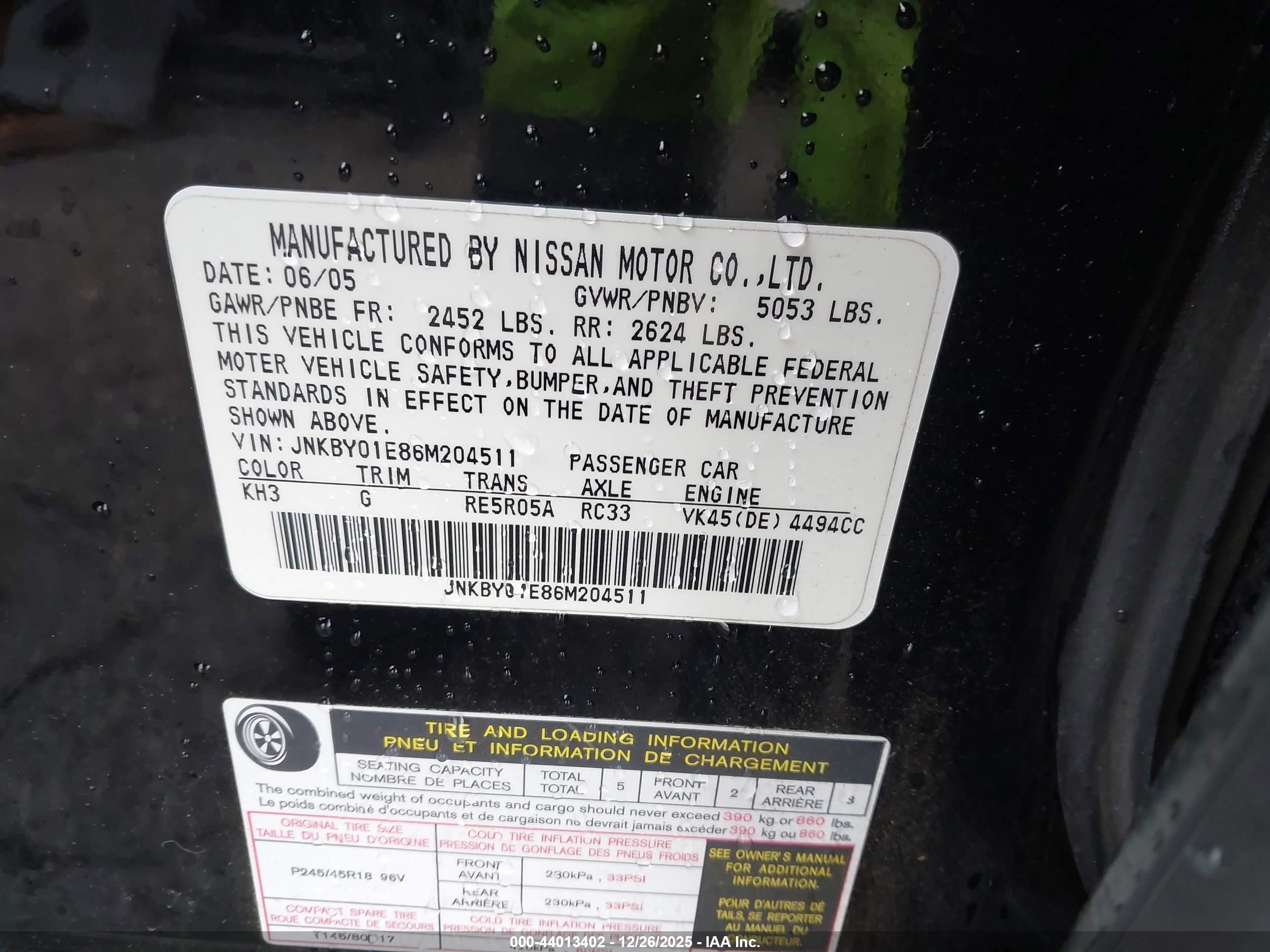 2006 Infiniti M45   Black vin: JNKBY01E86M204511