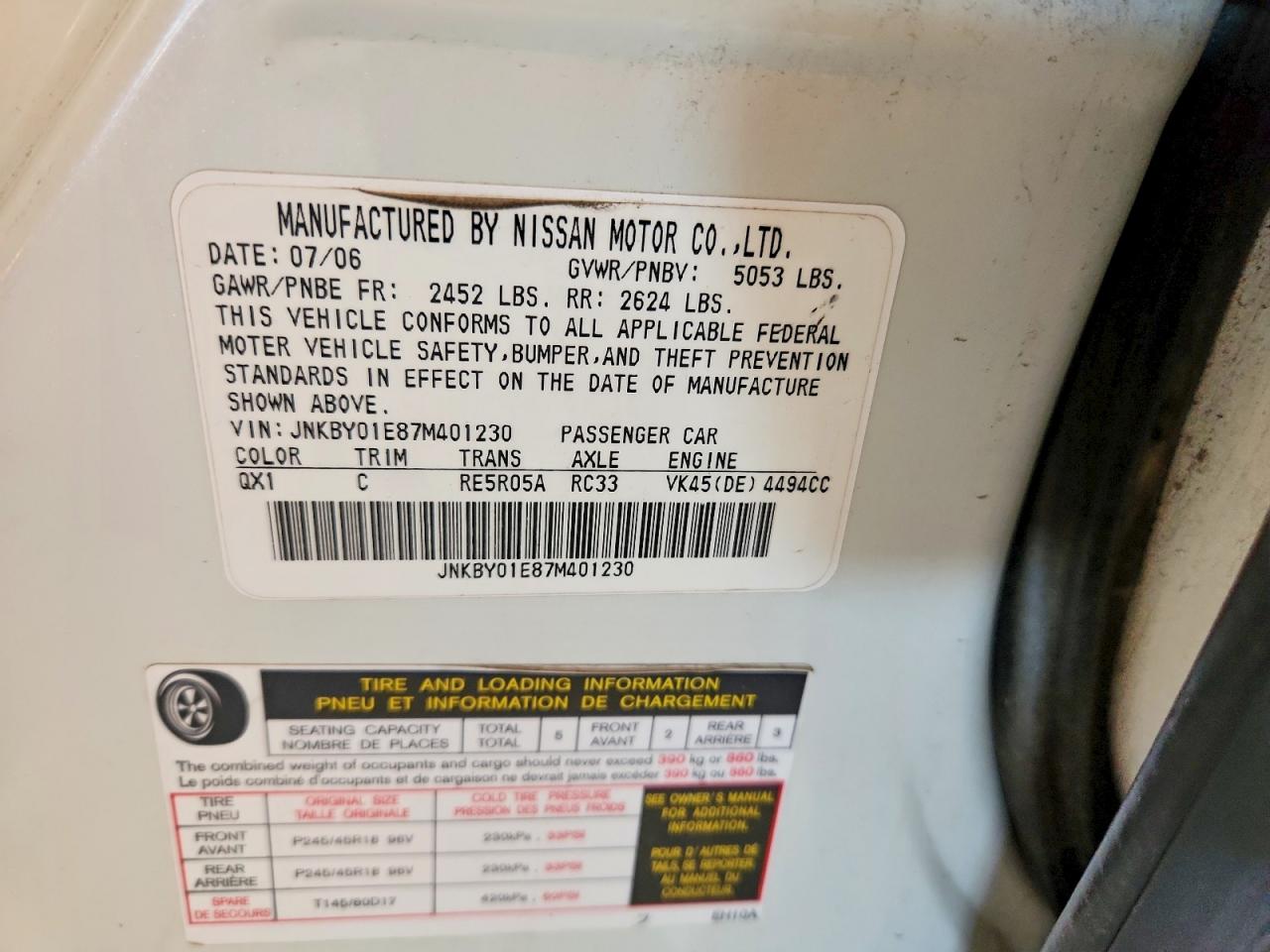 2007 Infiniti M45 Base White vin: JNKBY01E87M401230