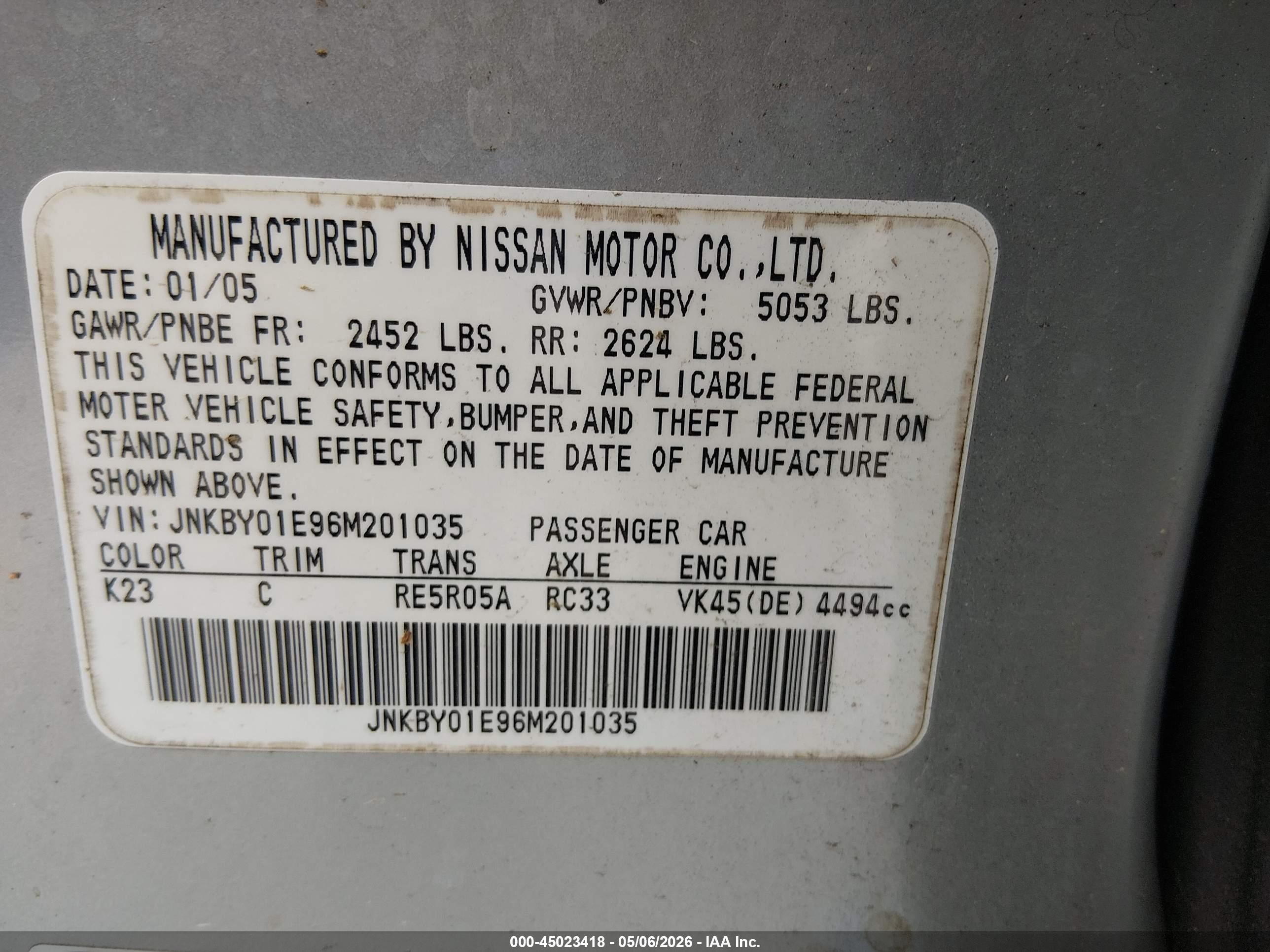 2006 Infiniti M45   Серебряный vin: JNKBY01E96M201035