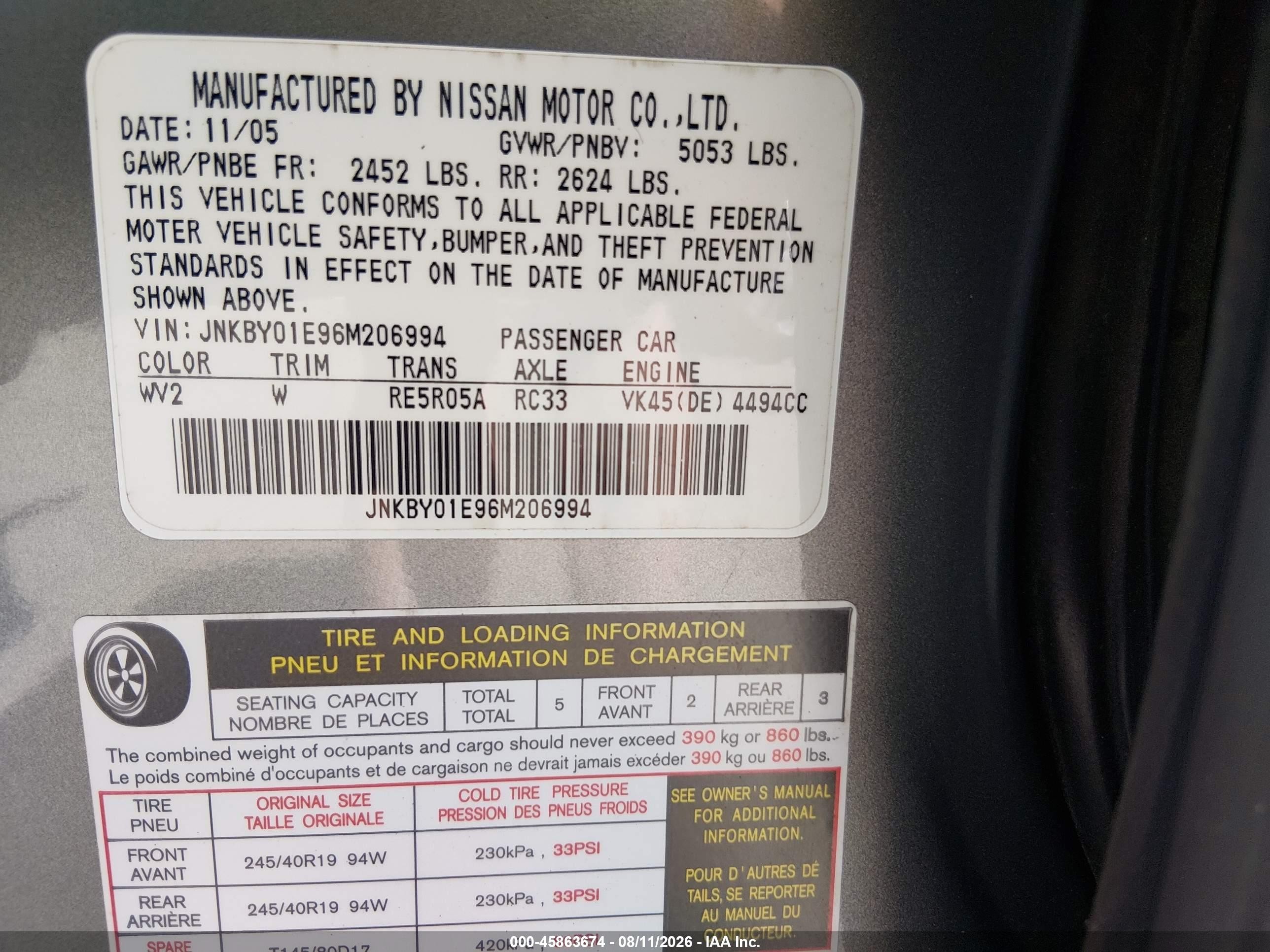 2006 Infiniti M45 Sport Gray vin: JNKBY01E96M206994