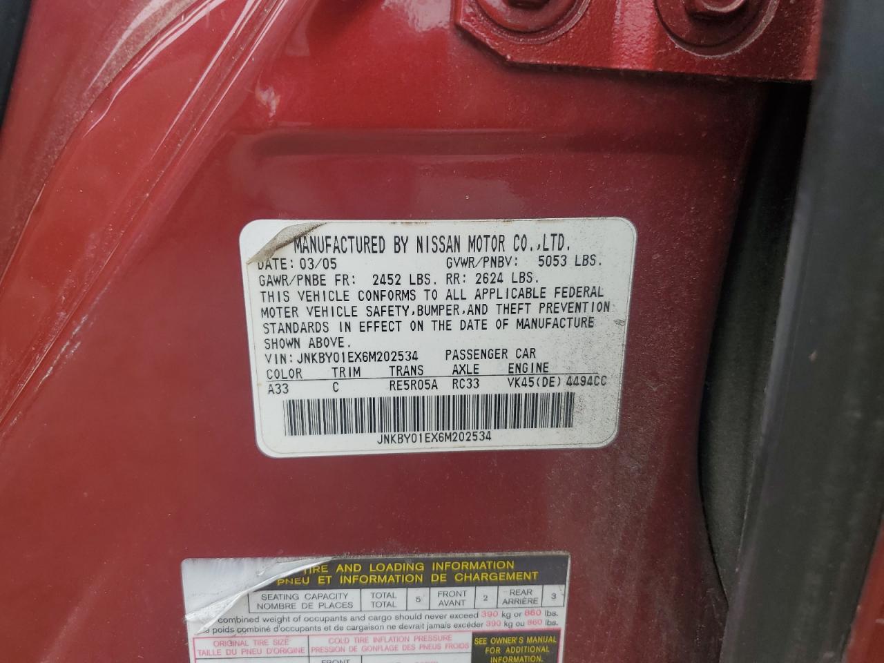 2006 Infiniti M45 Base Red vin: JNKBY01EX6M202534
