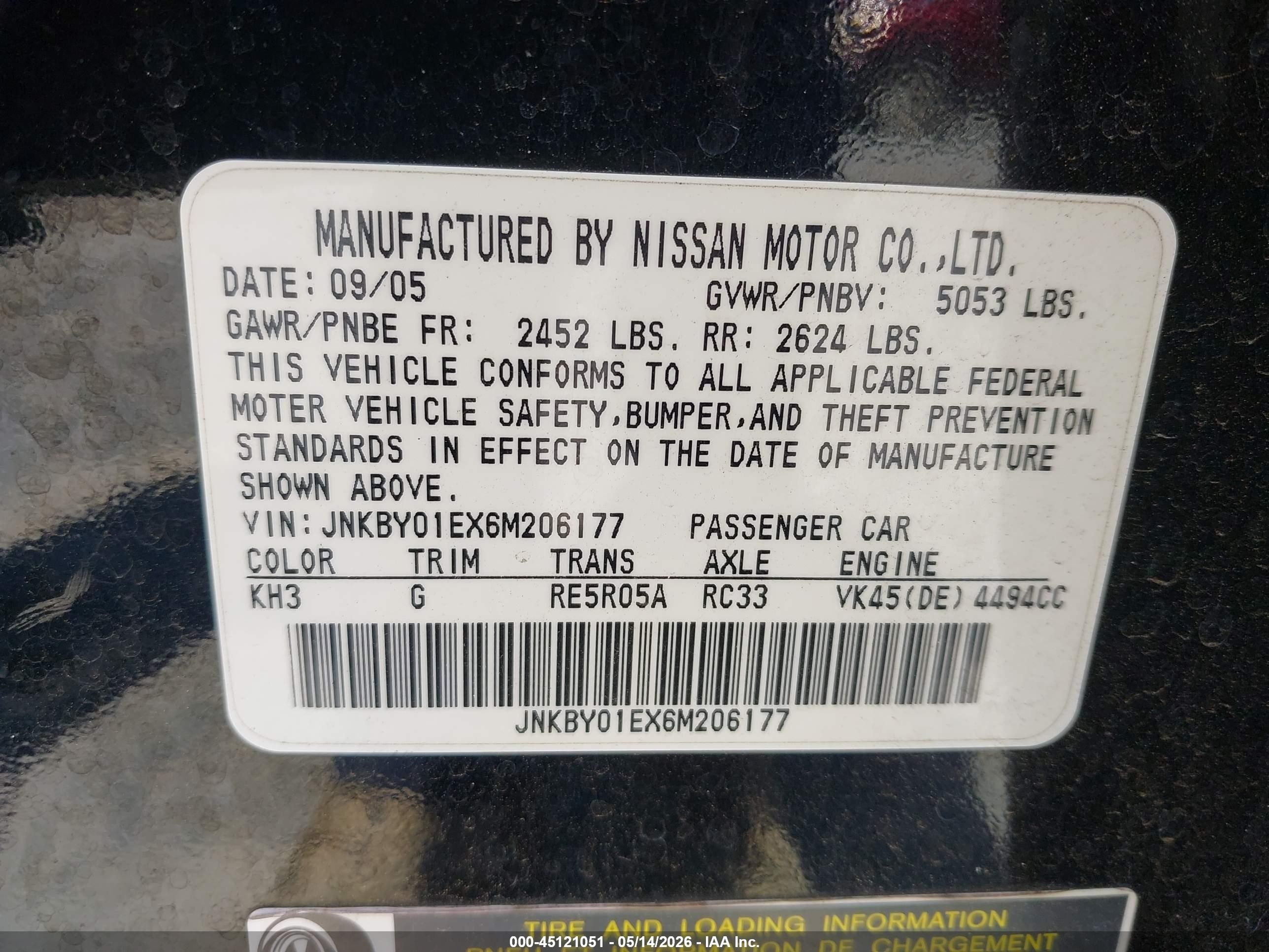 2006 Infiniti M45   Черный vin: JNKBY01EX6M206177