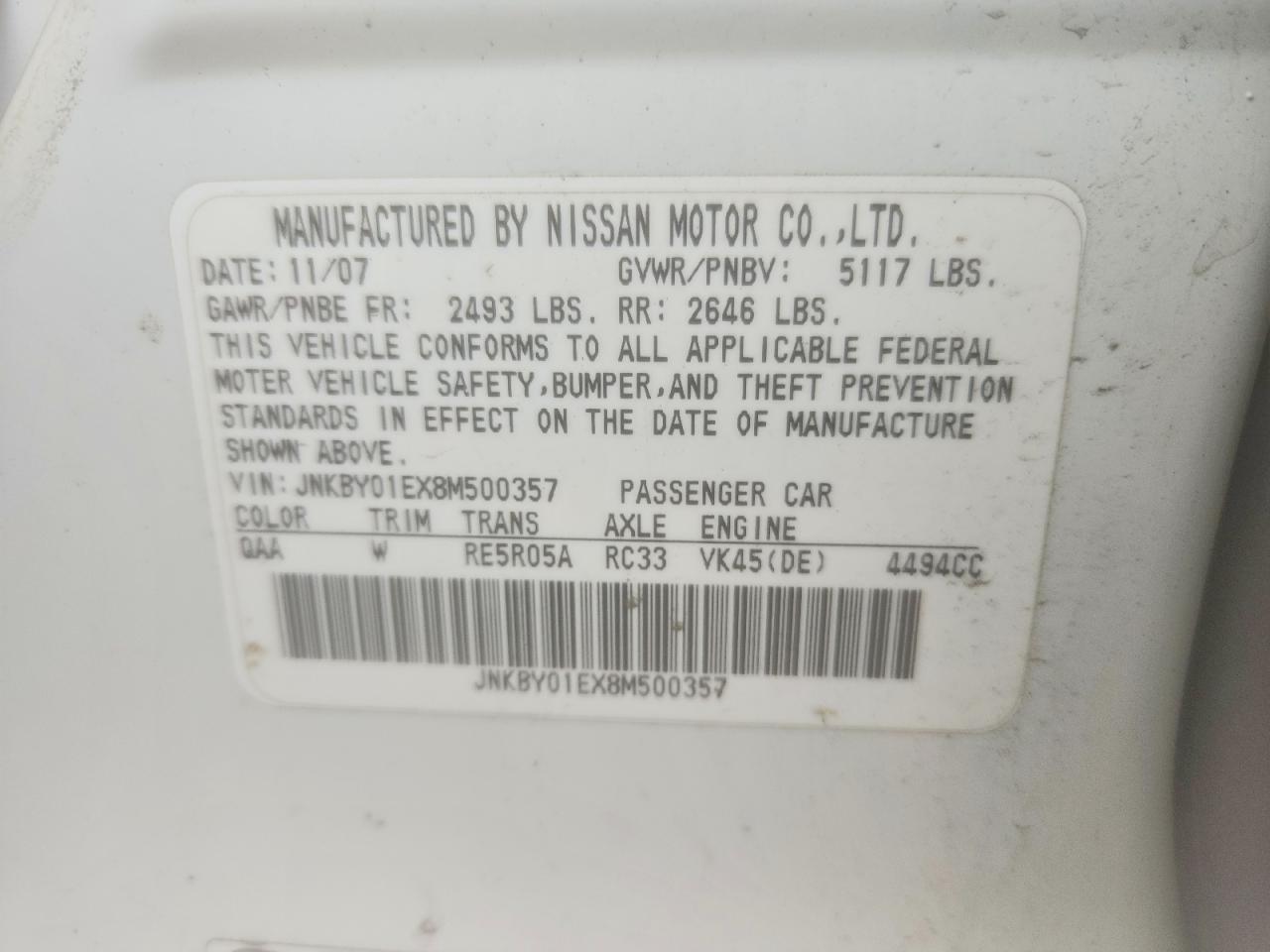 2008 Infiniti M45 Base White vin: JNKBY01EX8M500357