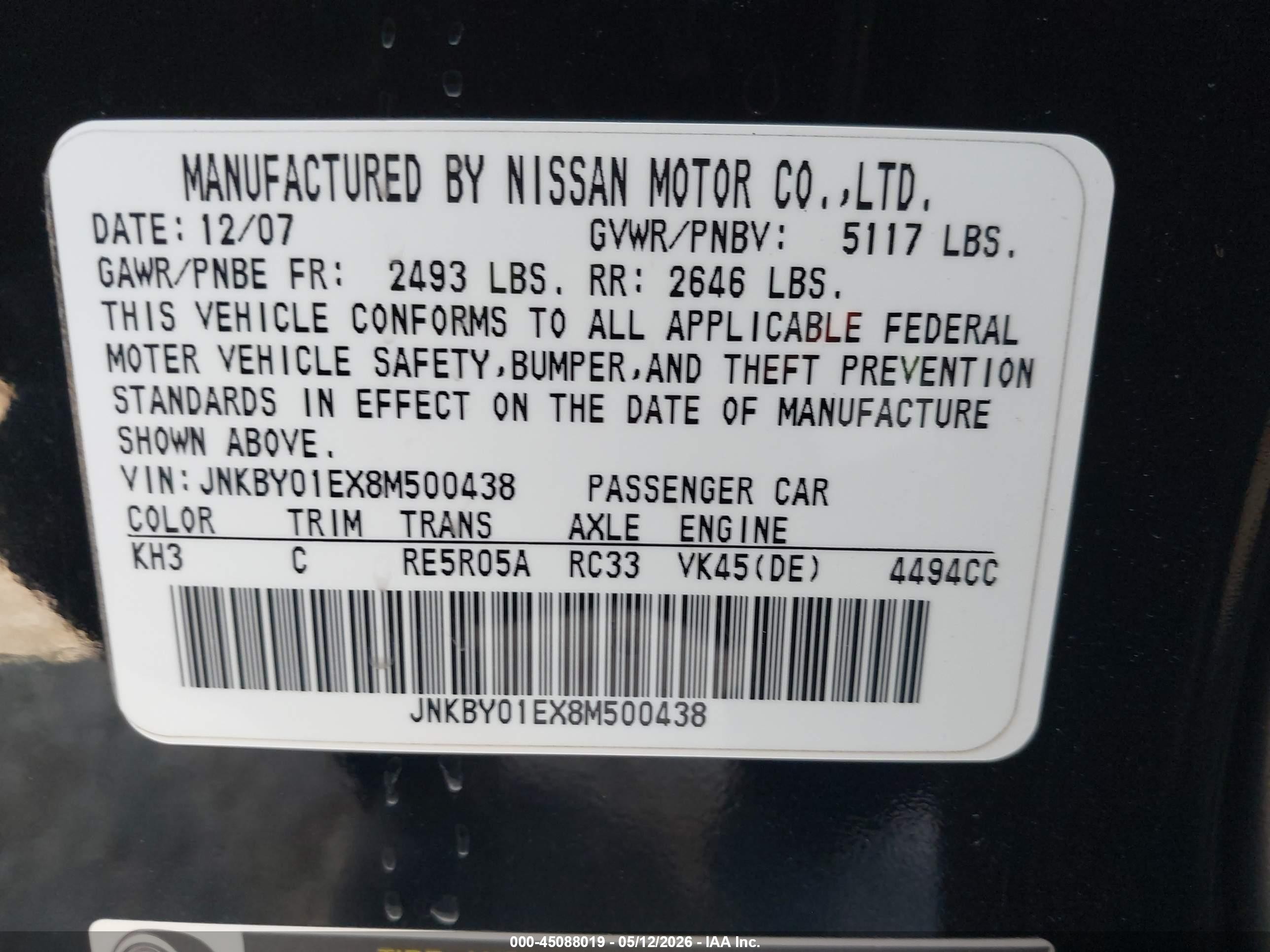 2008 Infiniti M45   Black vin: JNKBY01EX8M500438