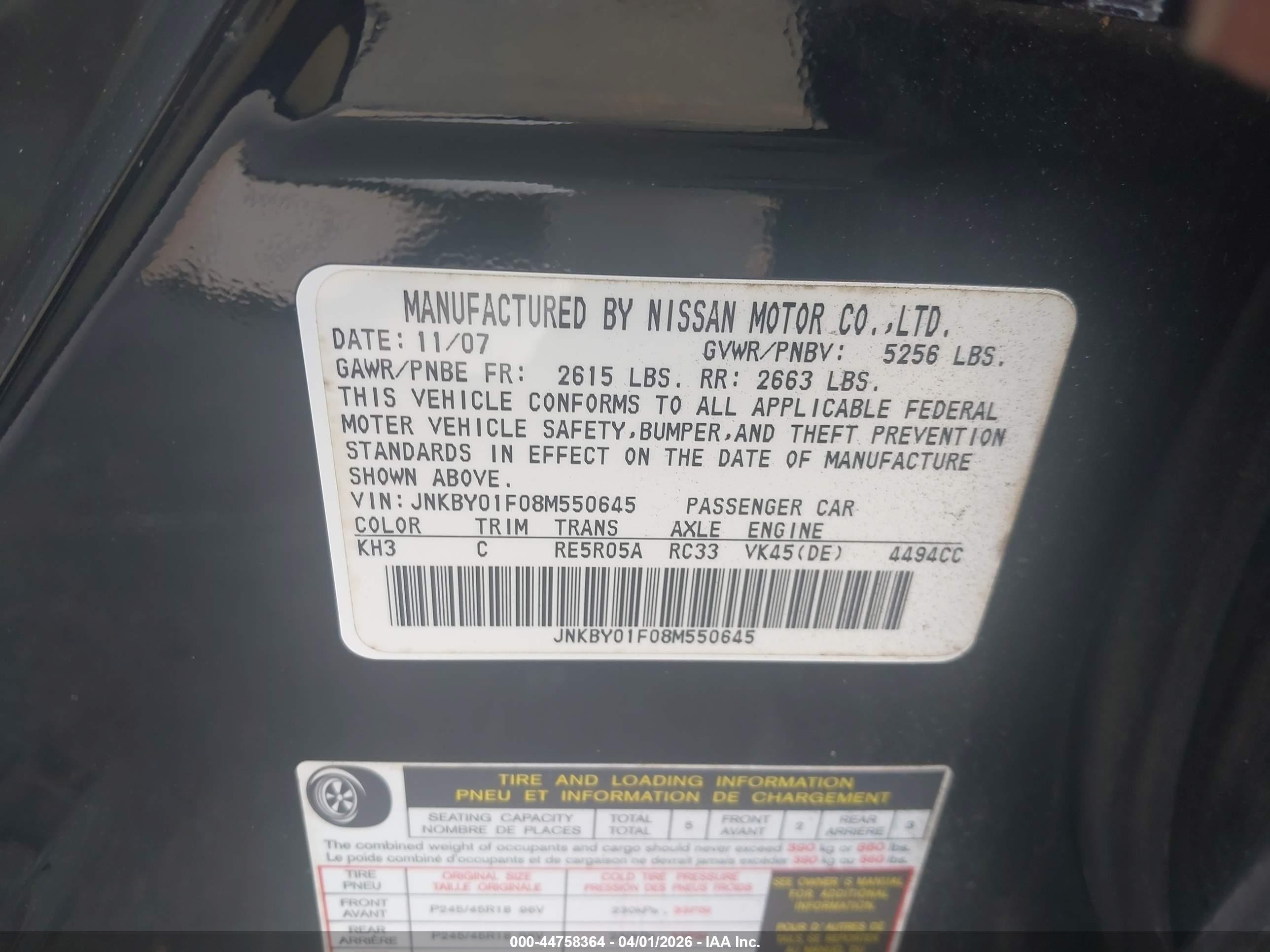 2008 Infiniti M45x   Black vin: JNKBY01F08M550645