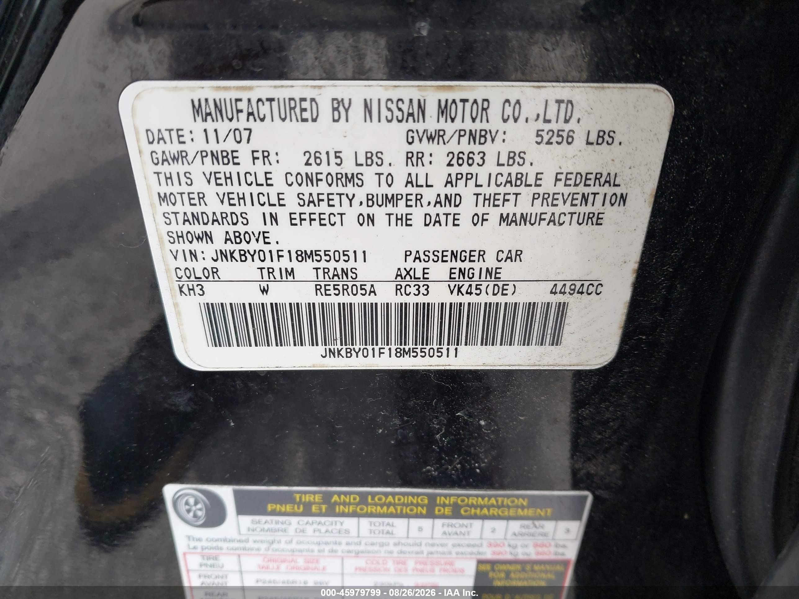 2008 Infiniti M45x   Black vin: JNKBY01F18M550511
