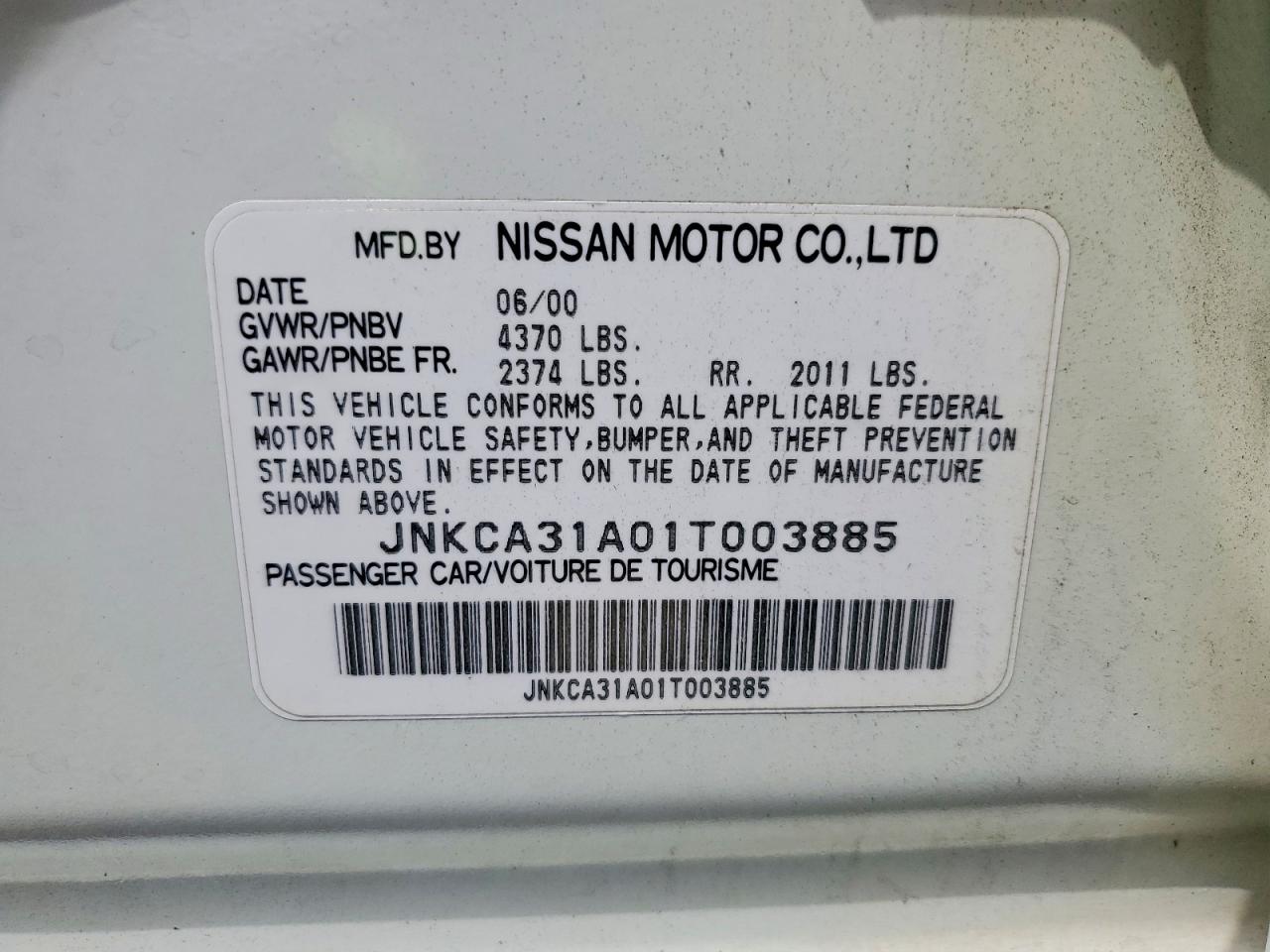 2001 Infiniti I30 Base White vin: JNKCA31A01T003885