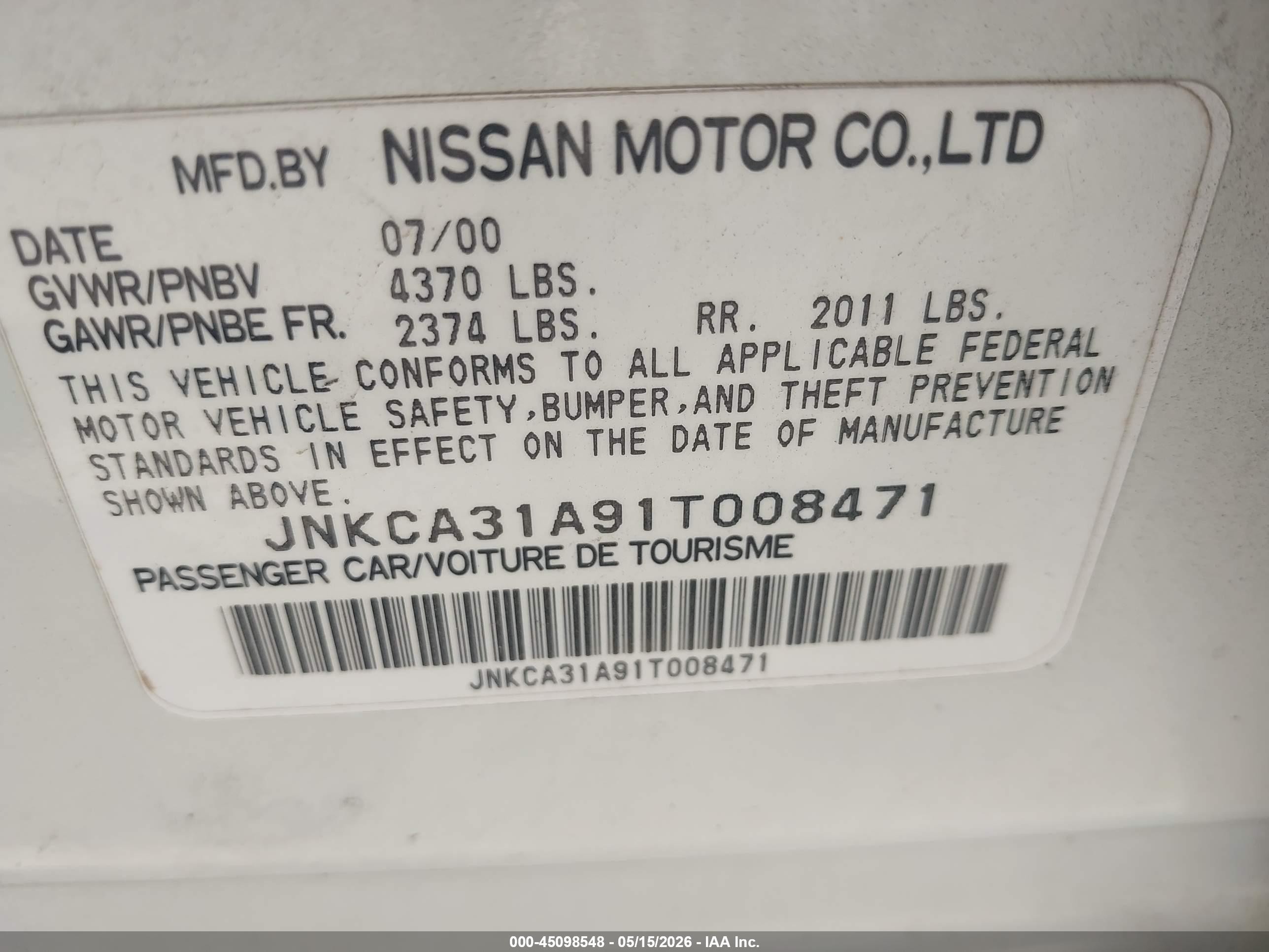 2001 Infiniti I30 Luxury White vin: JNKCA31A91T008471