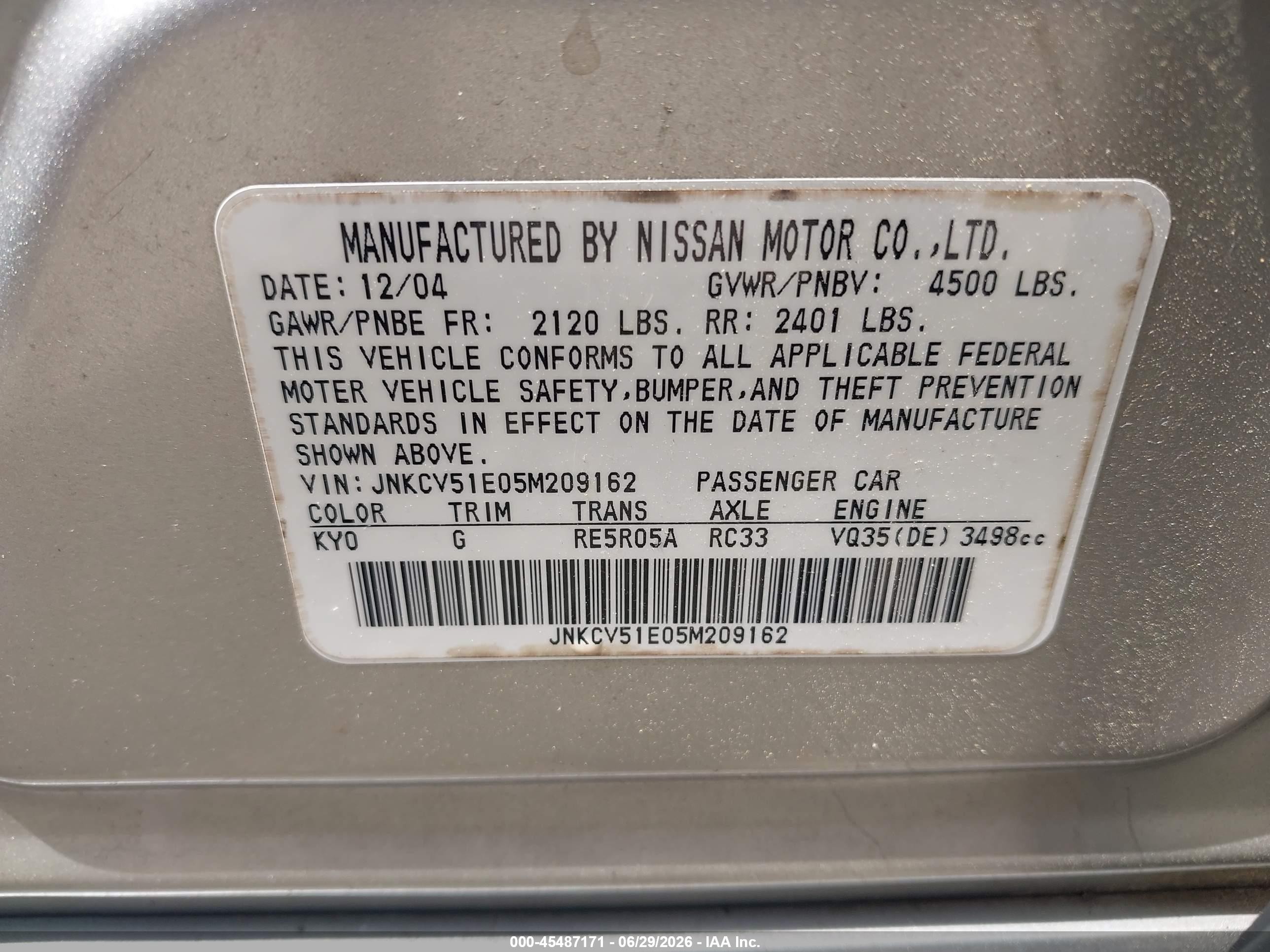 2005 Infiniti G35   Silver vin: JNKCV51E05M209162