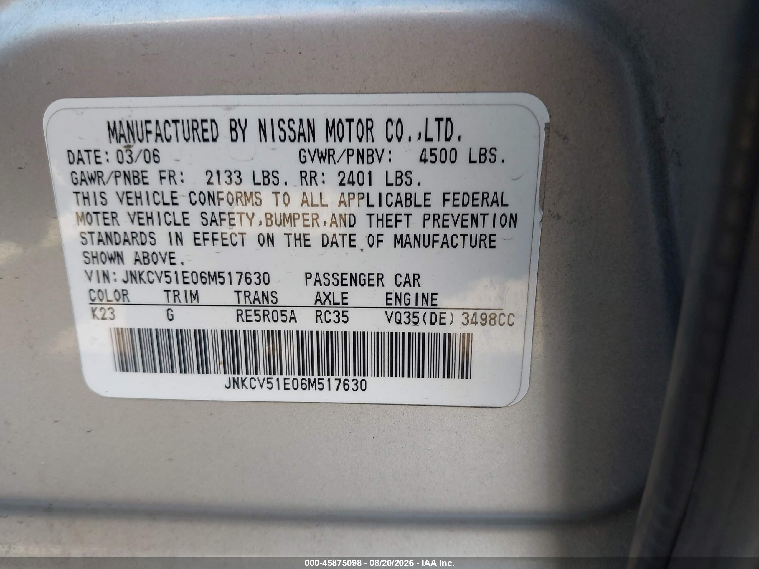 2006 Infiniti G35   Серебряный vin: JNKCV51E06M517630
