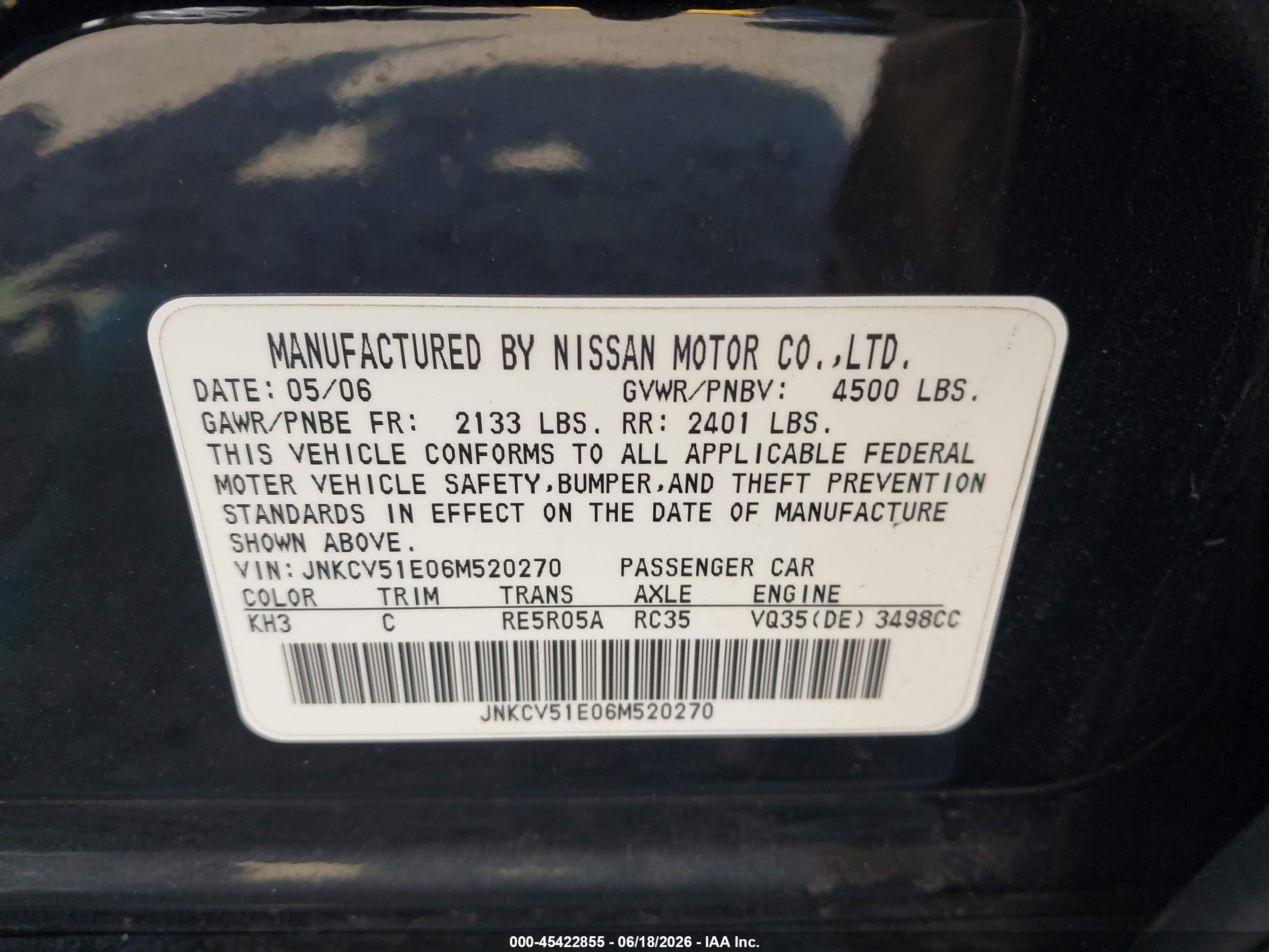 2006 Infiniti G35   Black vin: JNKCV51E06M520270
