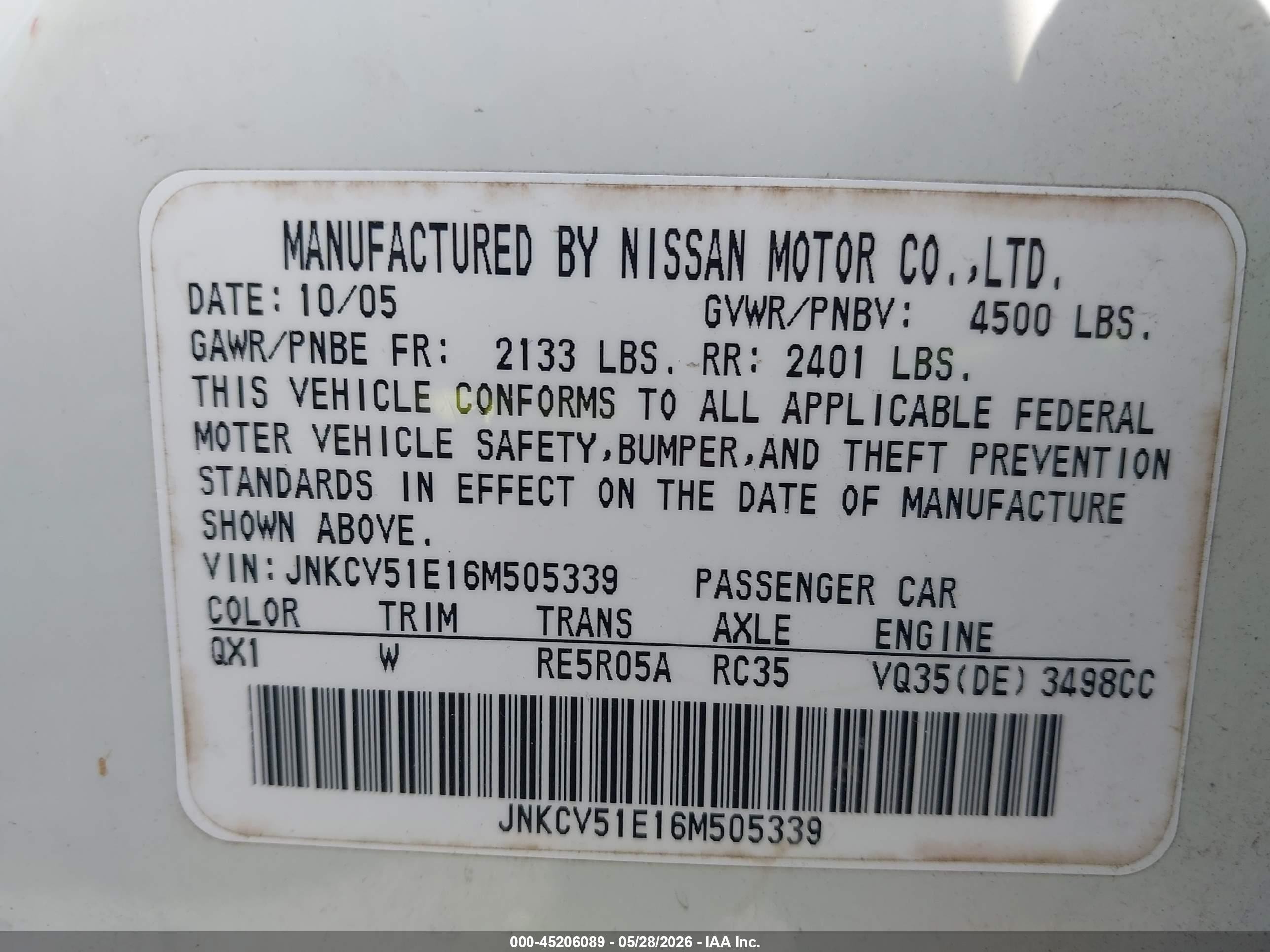 2006 Infiniti G35   White vin: JNKCV51E16M505339